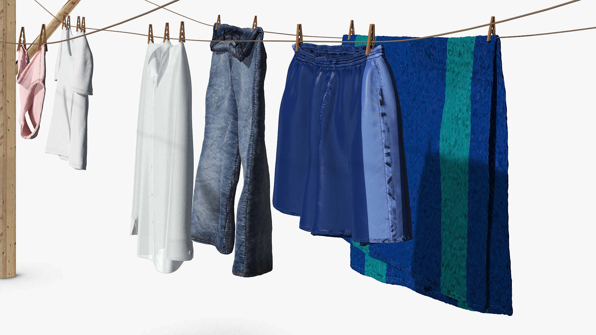 3D Clothes Hanging on Laundry Line