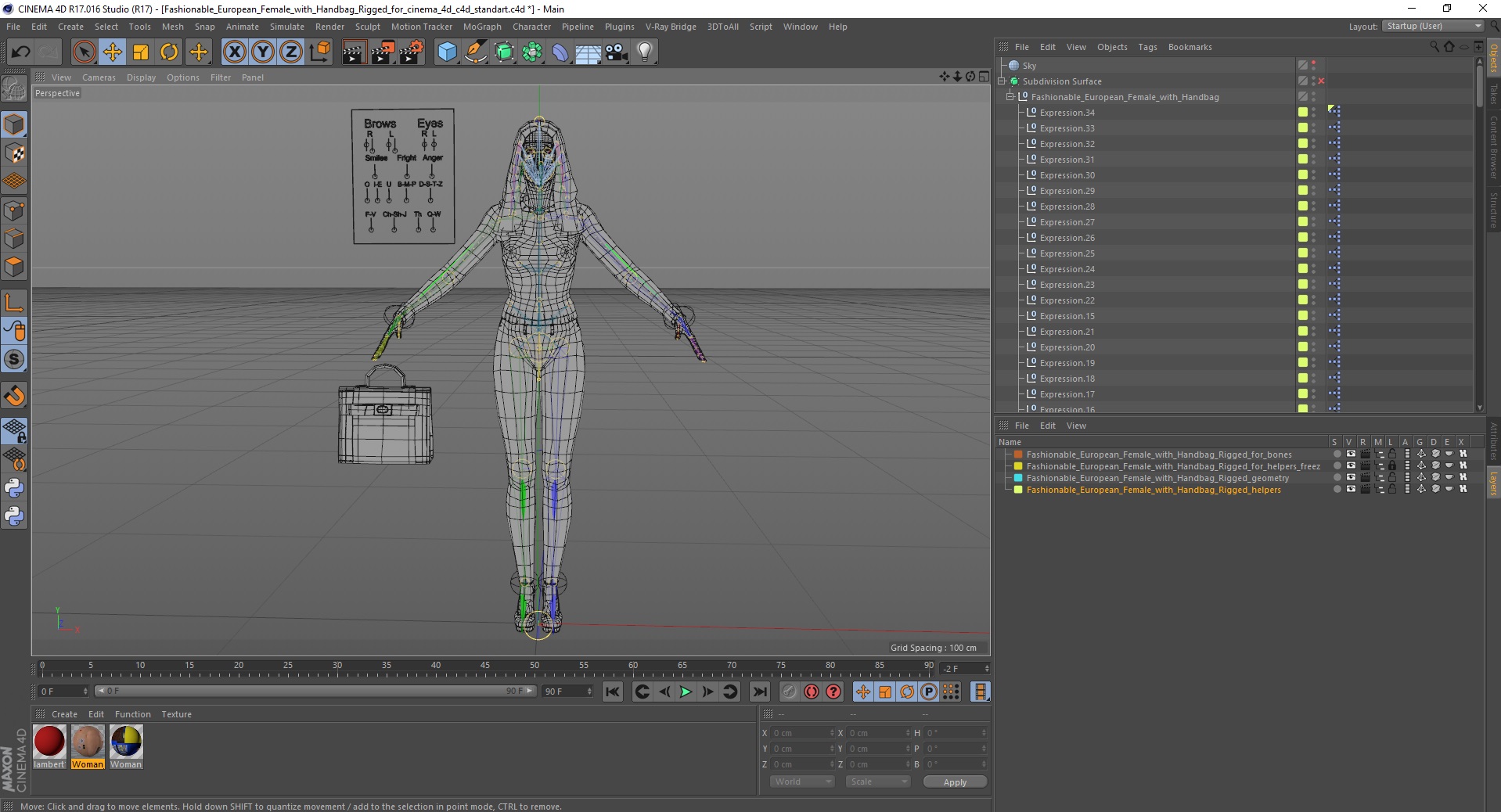 3D Fashionable European Female with Handbag Rigged for Cinema 4D