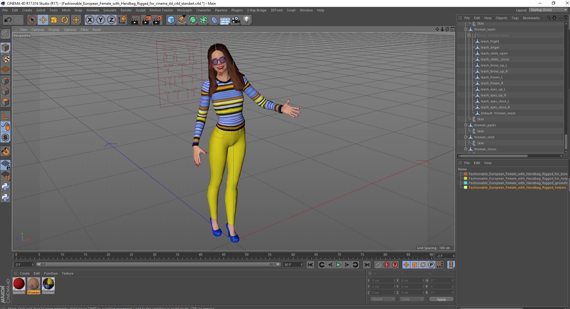 3D Fashionable European Female with Handbag Rigged for Cinema 4D