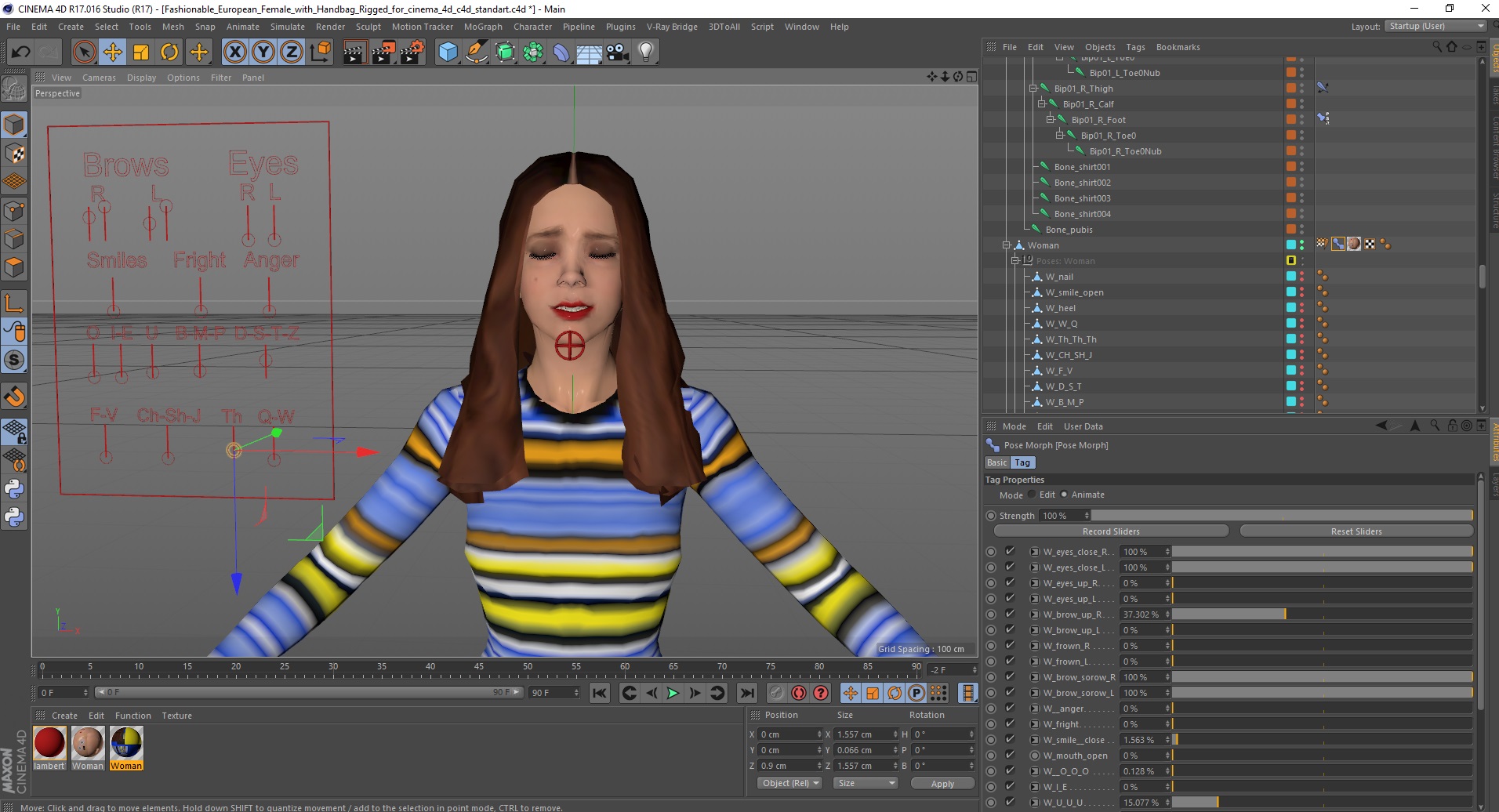 3D Fashionable European Female with Handbag Rigged for Cinema 4D