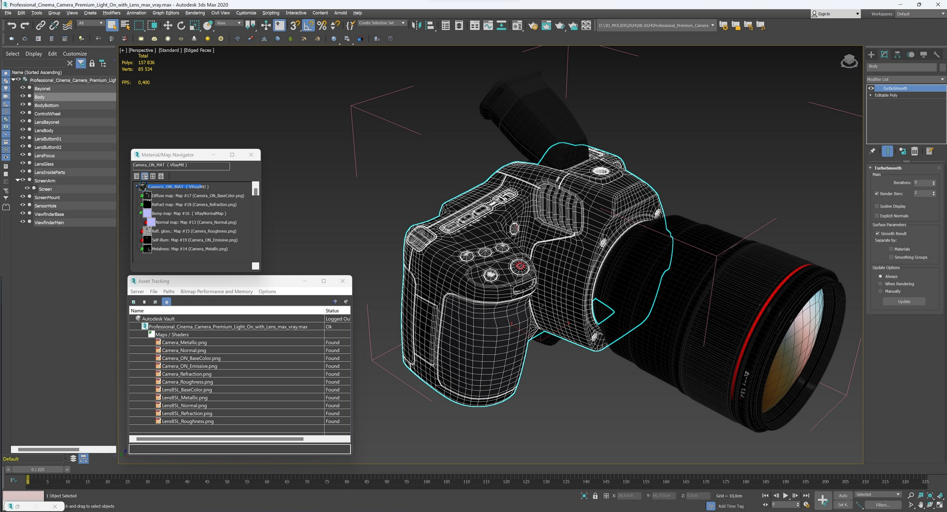 3D Professional Cinema Camera Premium Light On with Lens model