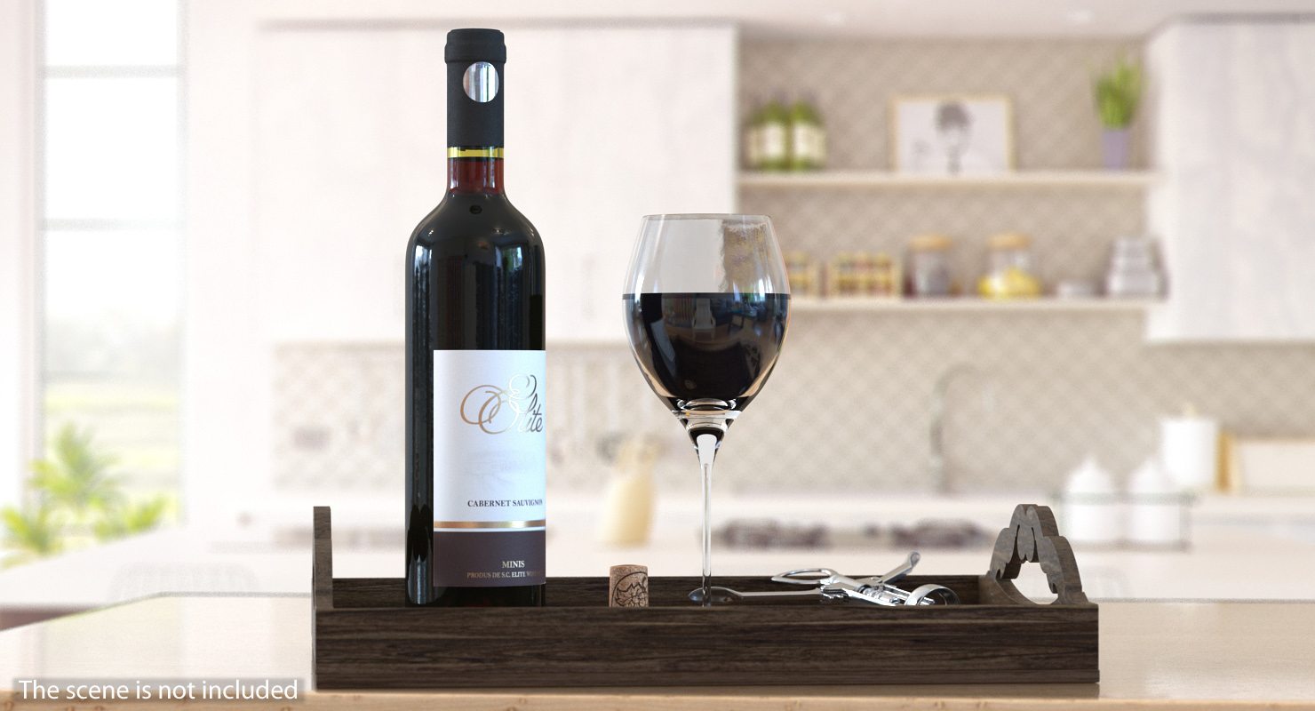 3D Wine Bottle with Corkscrew on Wooden Tray