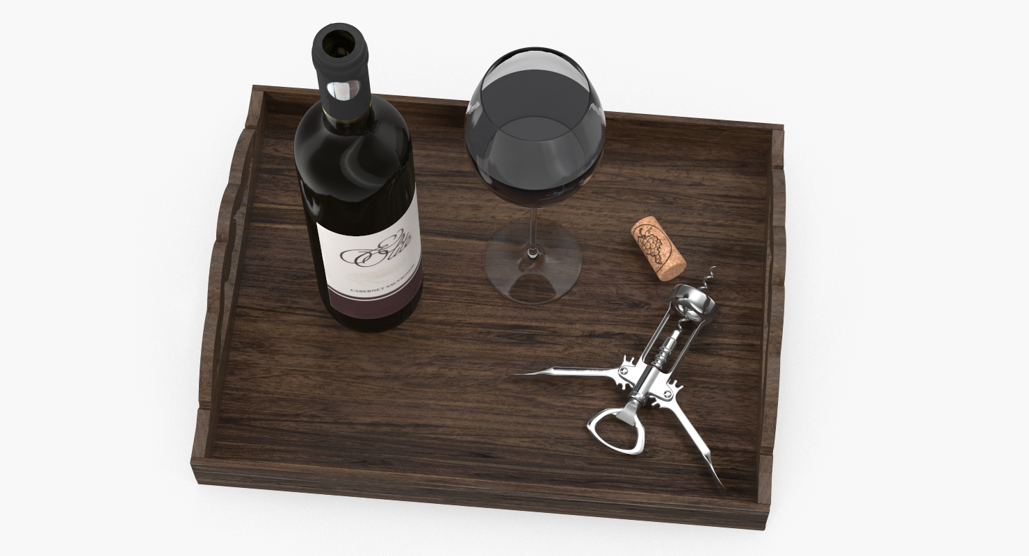 3D Wine Bottle with Corkscrew on Wooden Tray