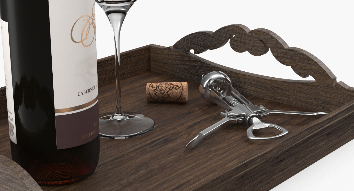 3D Wine Bottle with Corkscrew on Wooden Tray