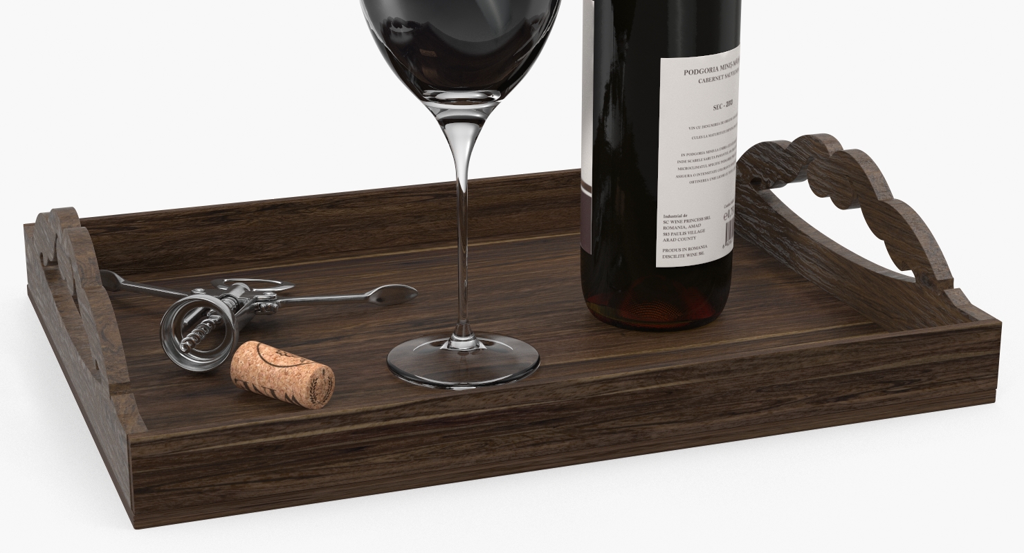 3D Wine Bottle with Corkscrew on Wooden Tray