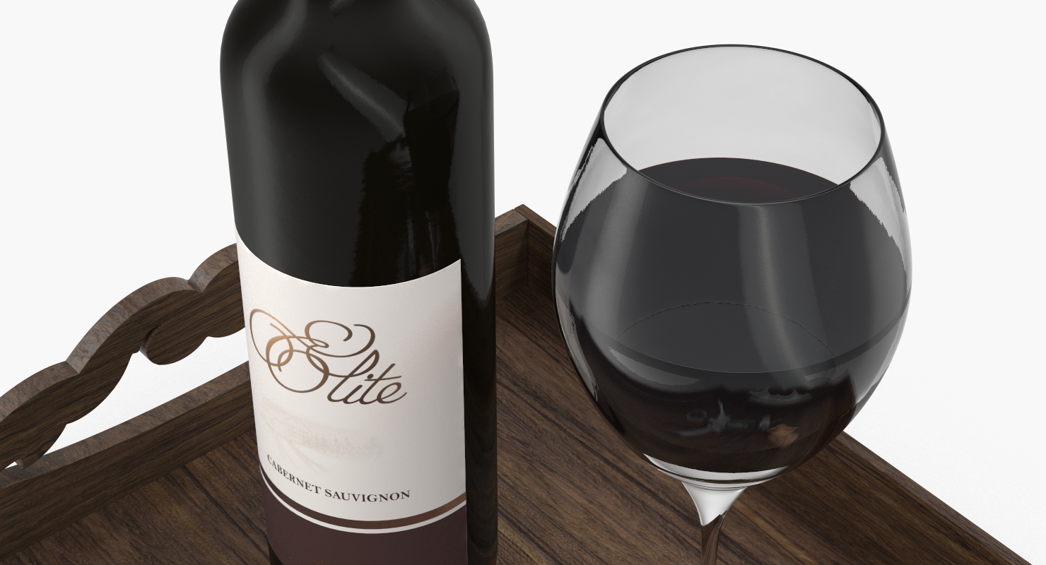 3D Wine Bottle with Corkscrew on Wooden Tray