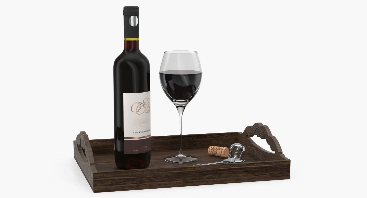 3D Wine Bottle with Corkscrew on Wooden Tray