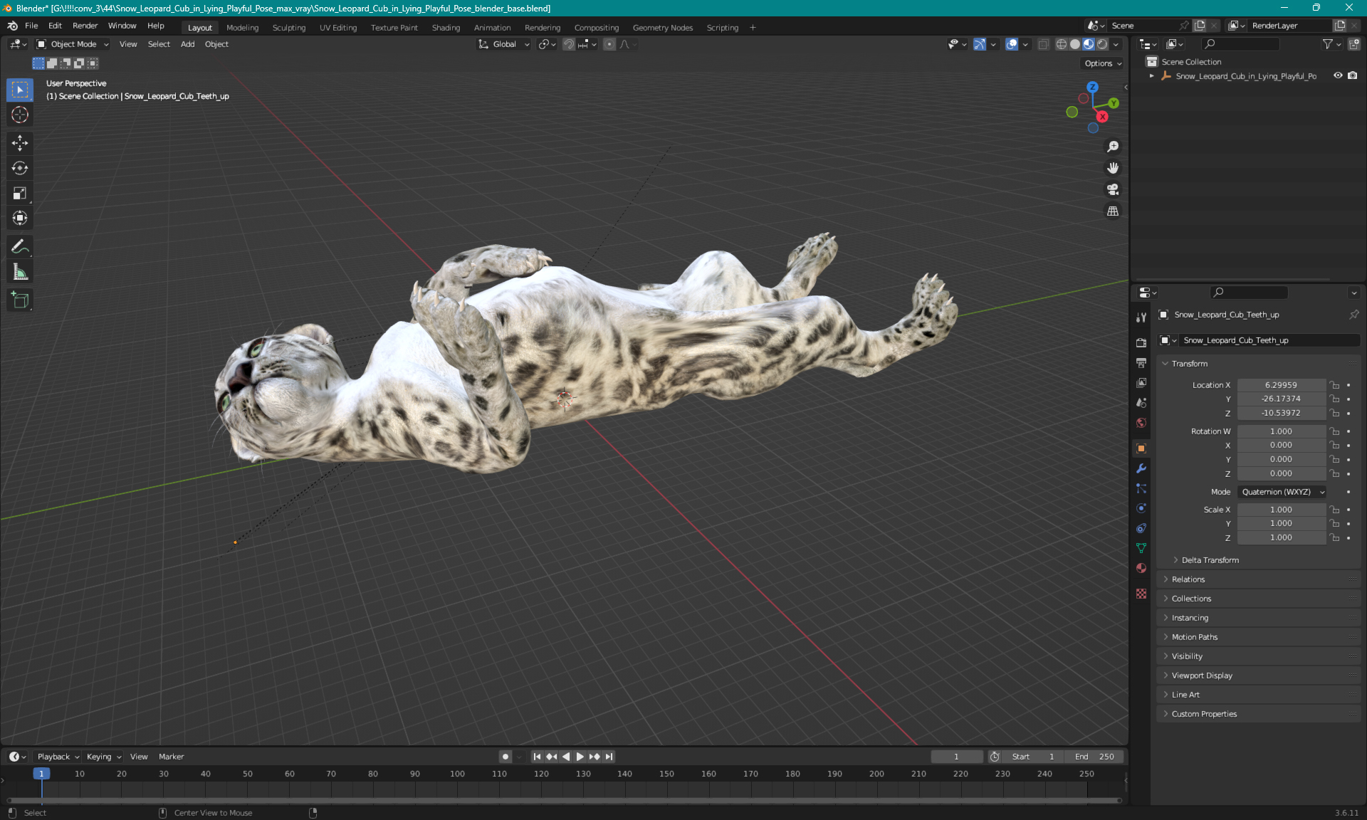 3D Snow Leopard Cub in Lying Playful Pose model