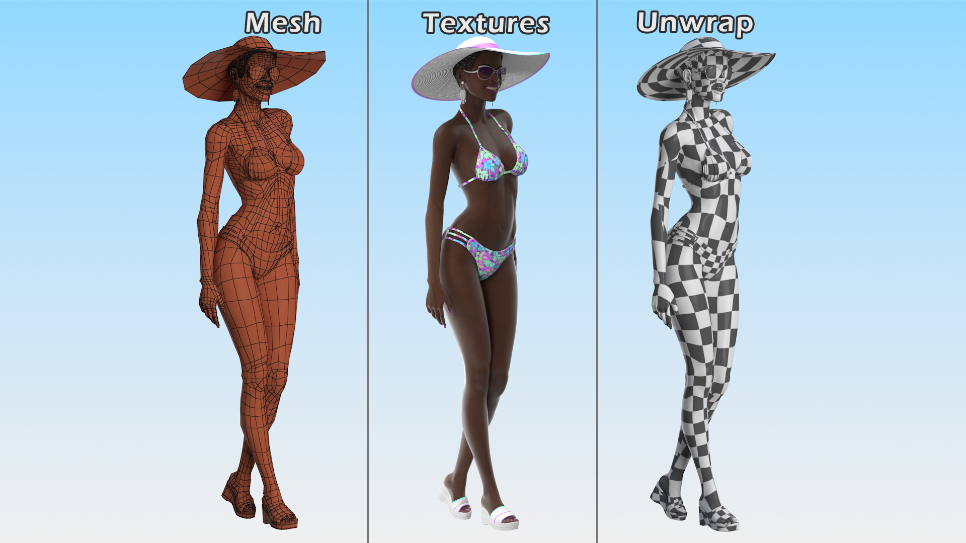 3D Dark Skinned Bikini Girl Standing Pose model