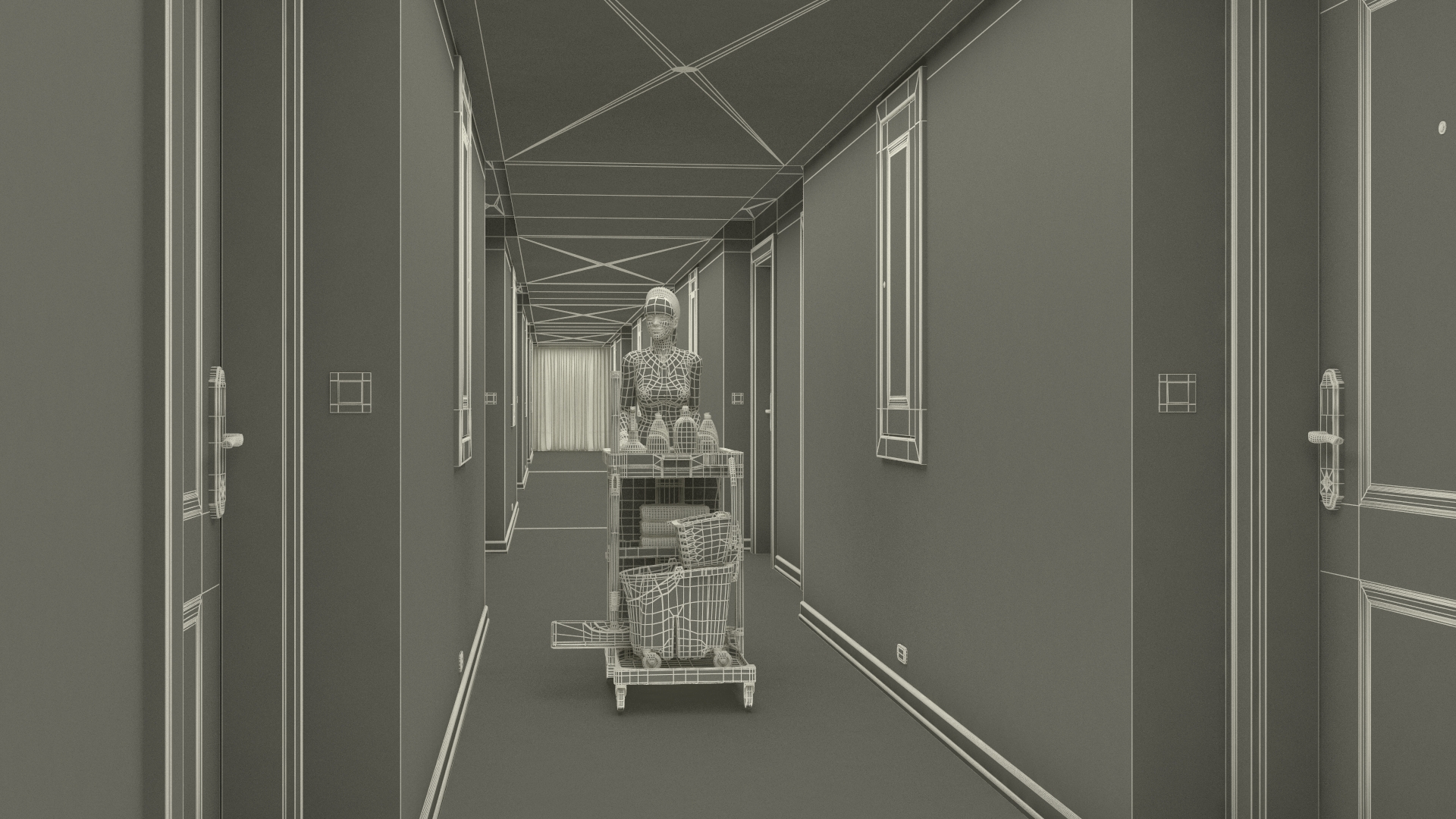 3D Hotel Corridor and Housekeeping Maid