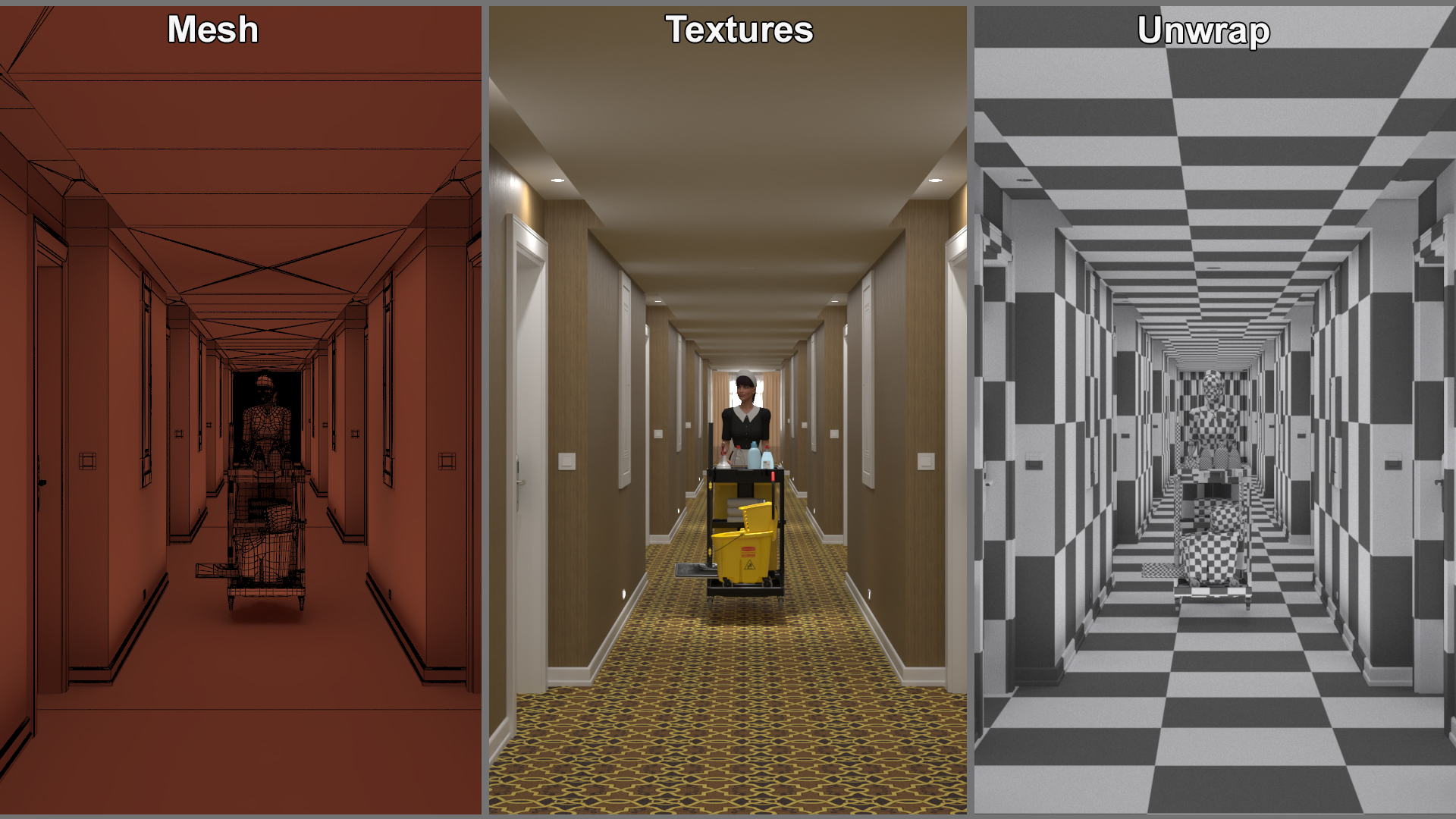 3D Hotel Corridor and Housekeeping Maid