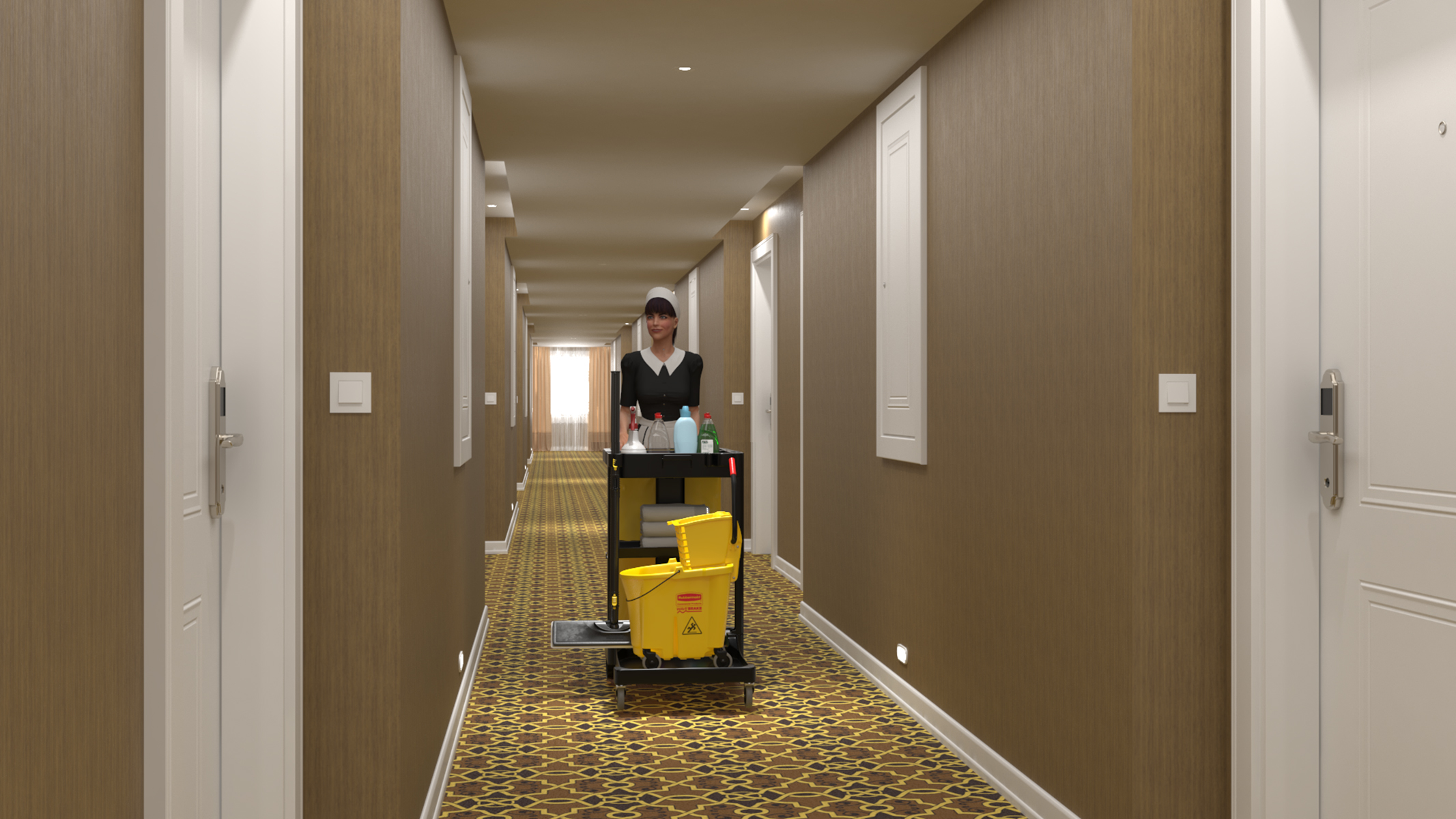 3D Hotel Corridor and Housekeeping Maid