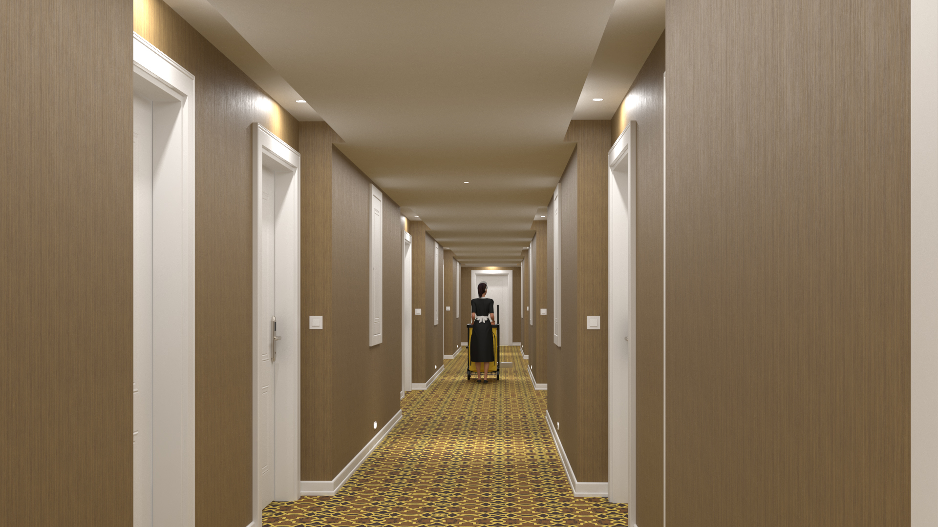 3D Hotel Corridor and Housekeeping Maid