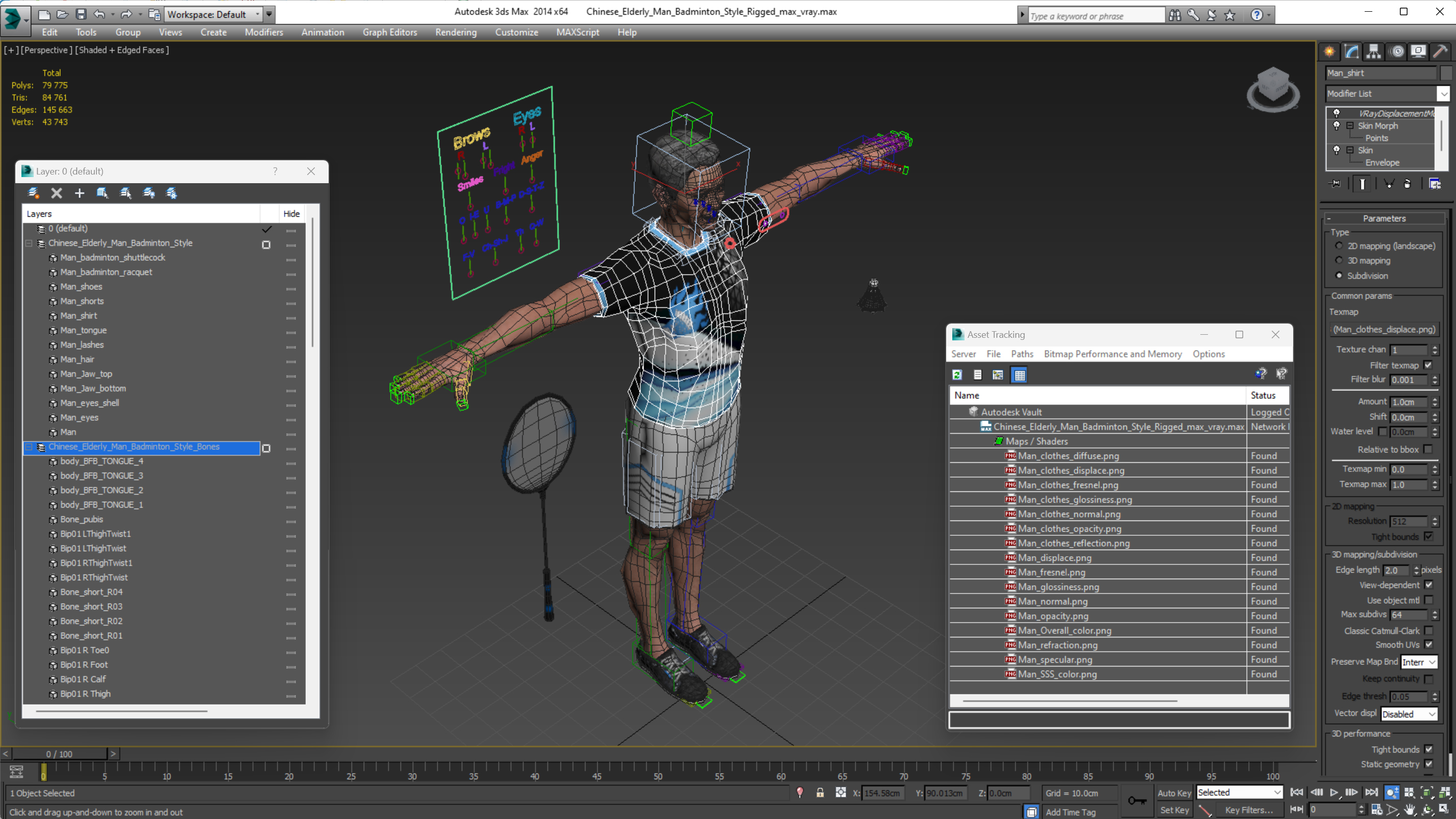 3D Chinese Elderly Man Badminton Style Rigged for Maya