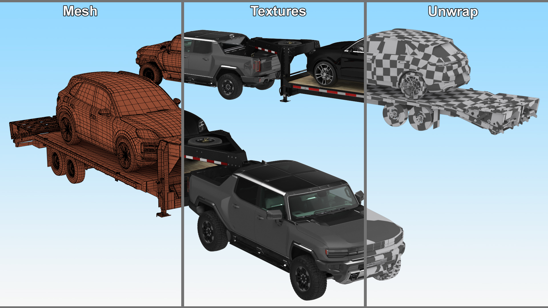 Pickup Truck with Gooseneck Trailer and Crossover 3D model