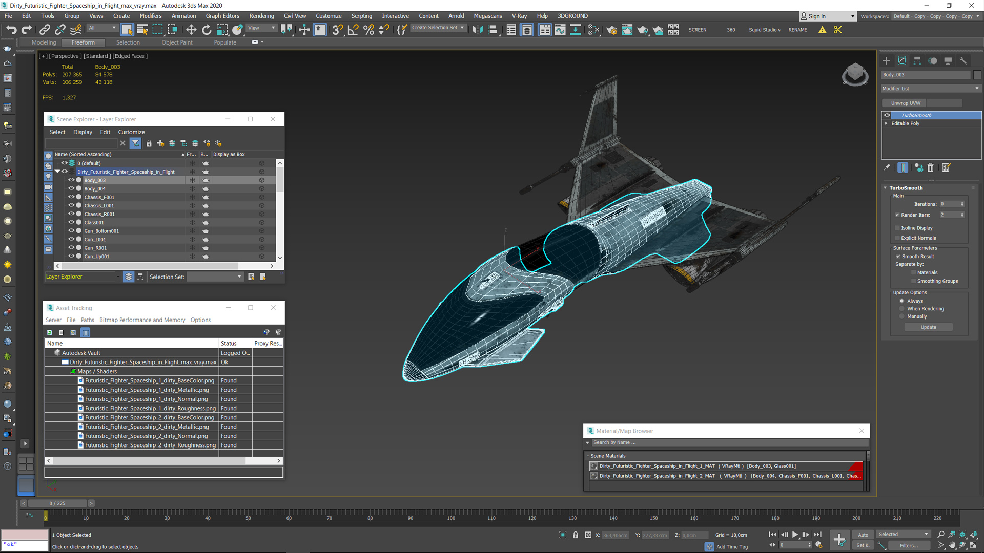 Dirty Futuristic Fighter Spaceship in Flight 3D model