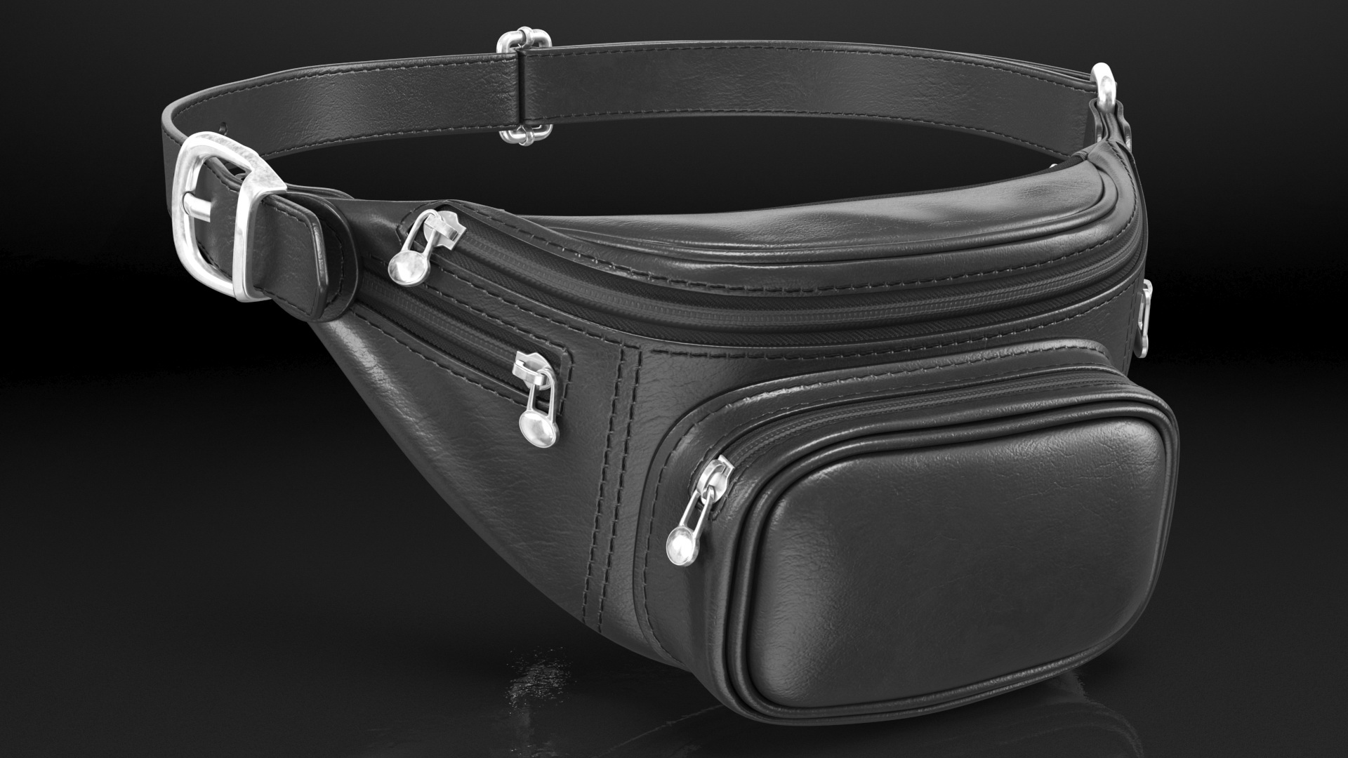 3D Black Leather Waist Bag model