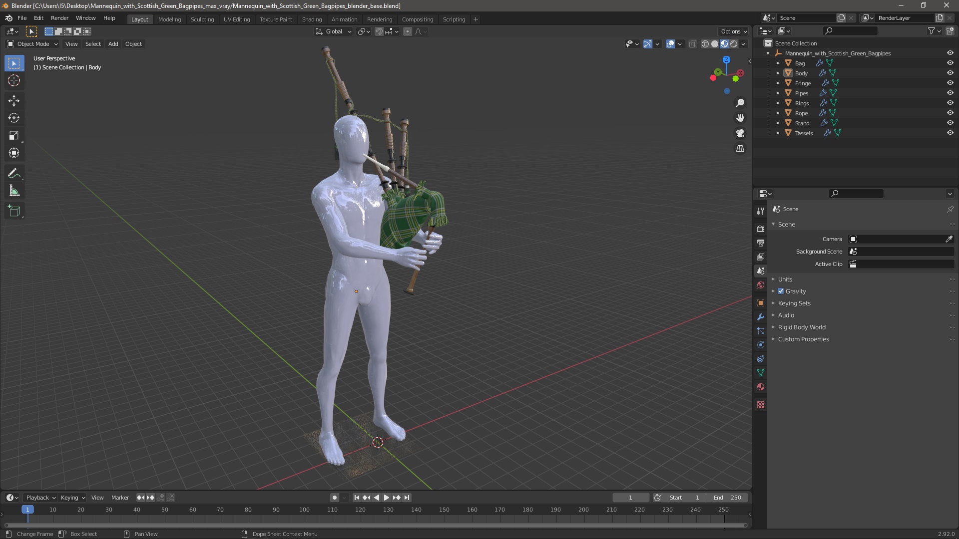 3D Mannequin with Scottish Green Bagpipes model