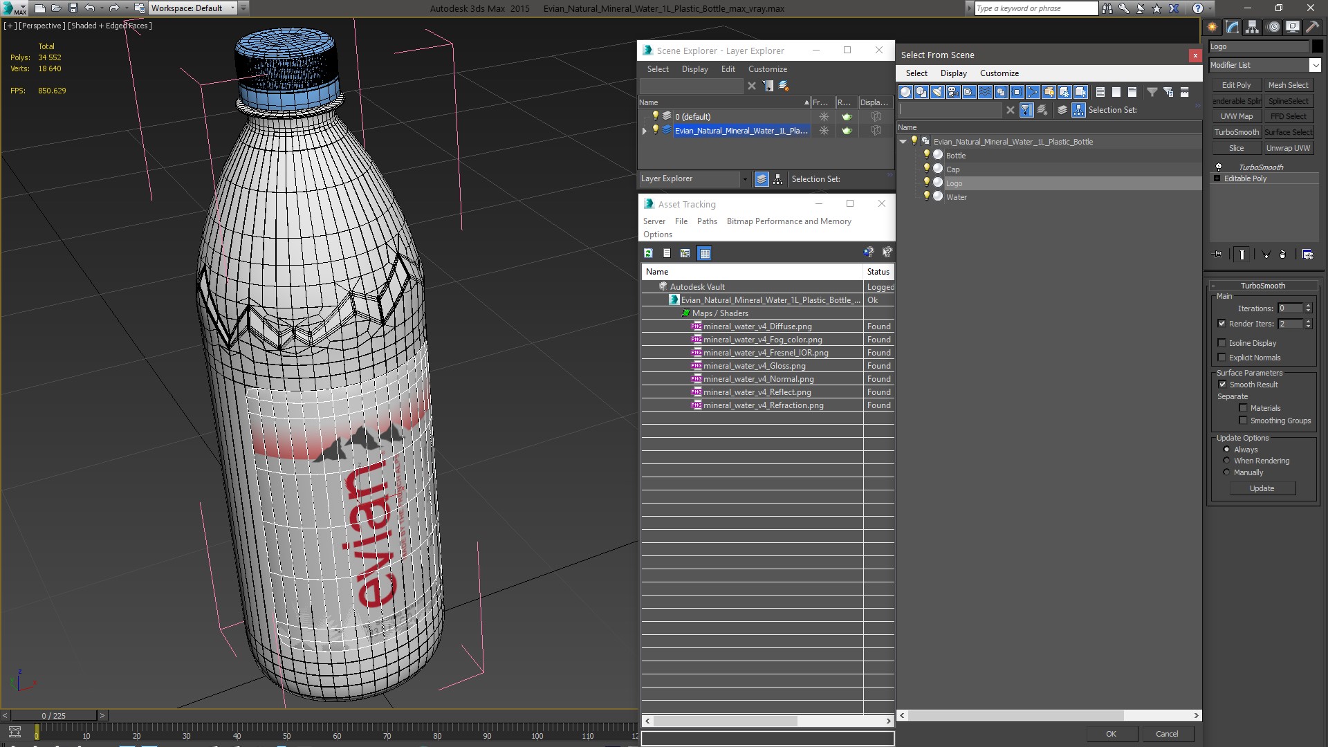 3D model Evian Natural Mineral Water 1L Plastic Bottle