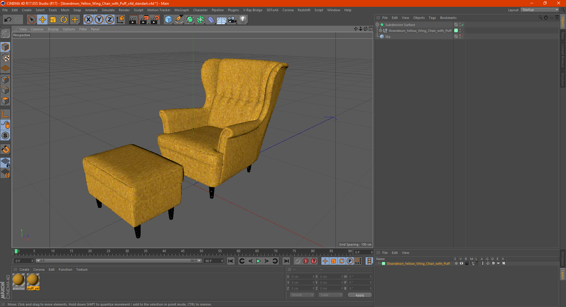 Strandmon Yellow Wing Chair with Puff 3D