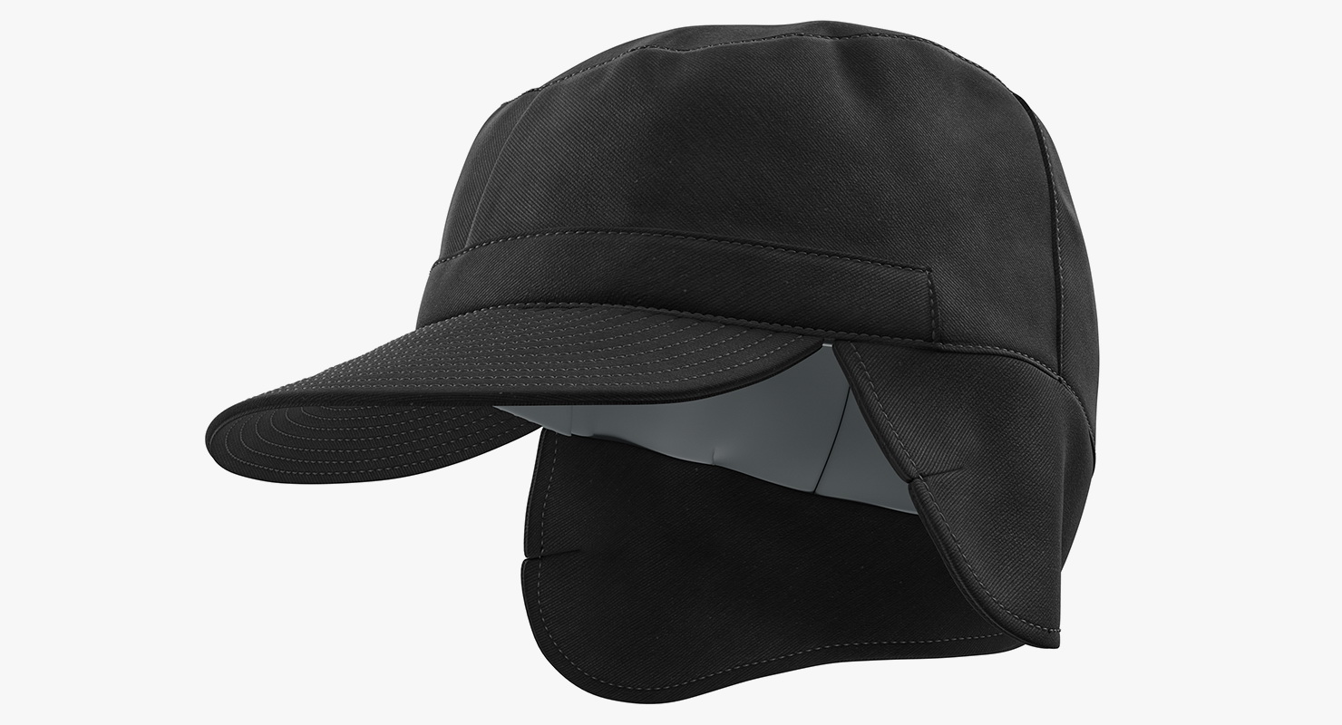 3D Black Military Field Cap with Earflaps model