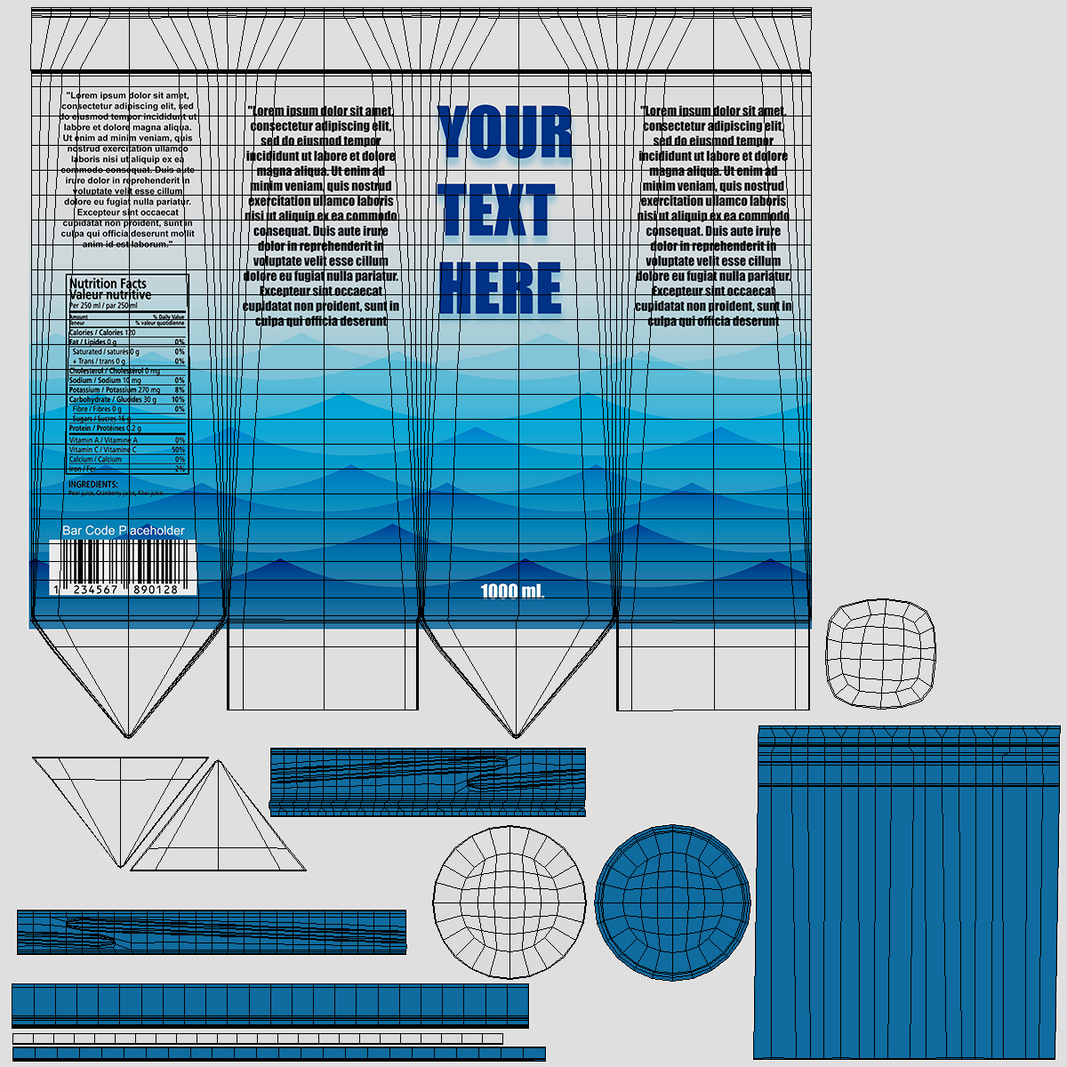 3D Carton Package for Beverage with Cap Mockup Blue model