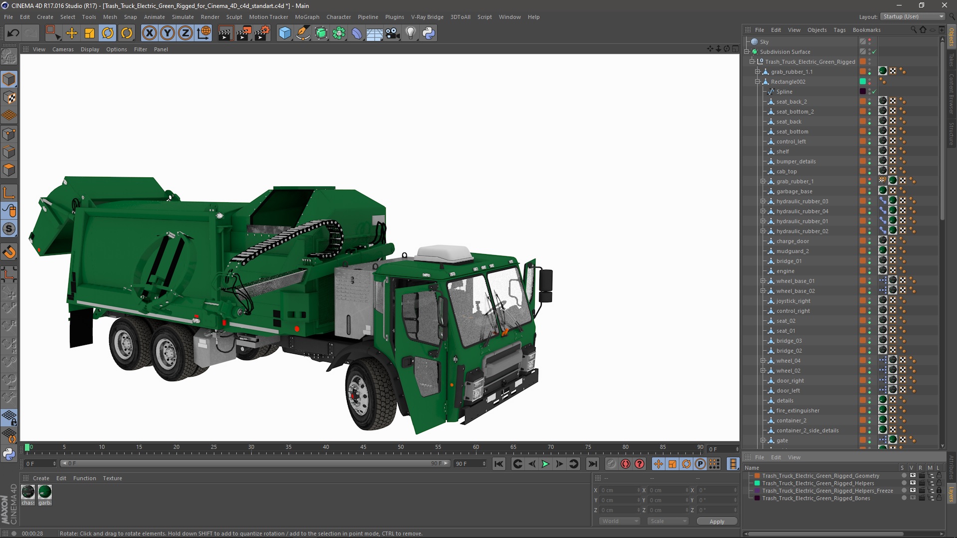 Trash Truck Electric Green Rigged for Cinema 4D 3D