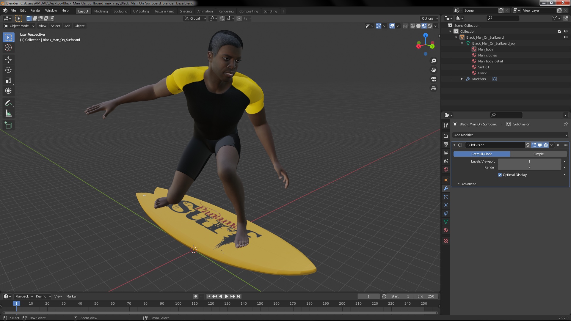 Black Man On Surfboard 3D