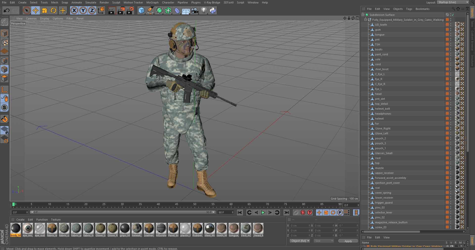 Fully Equipped Military Soldier in Grey Camo Walking 3D