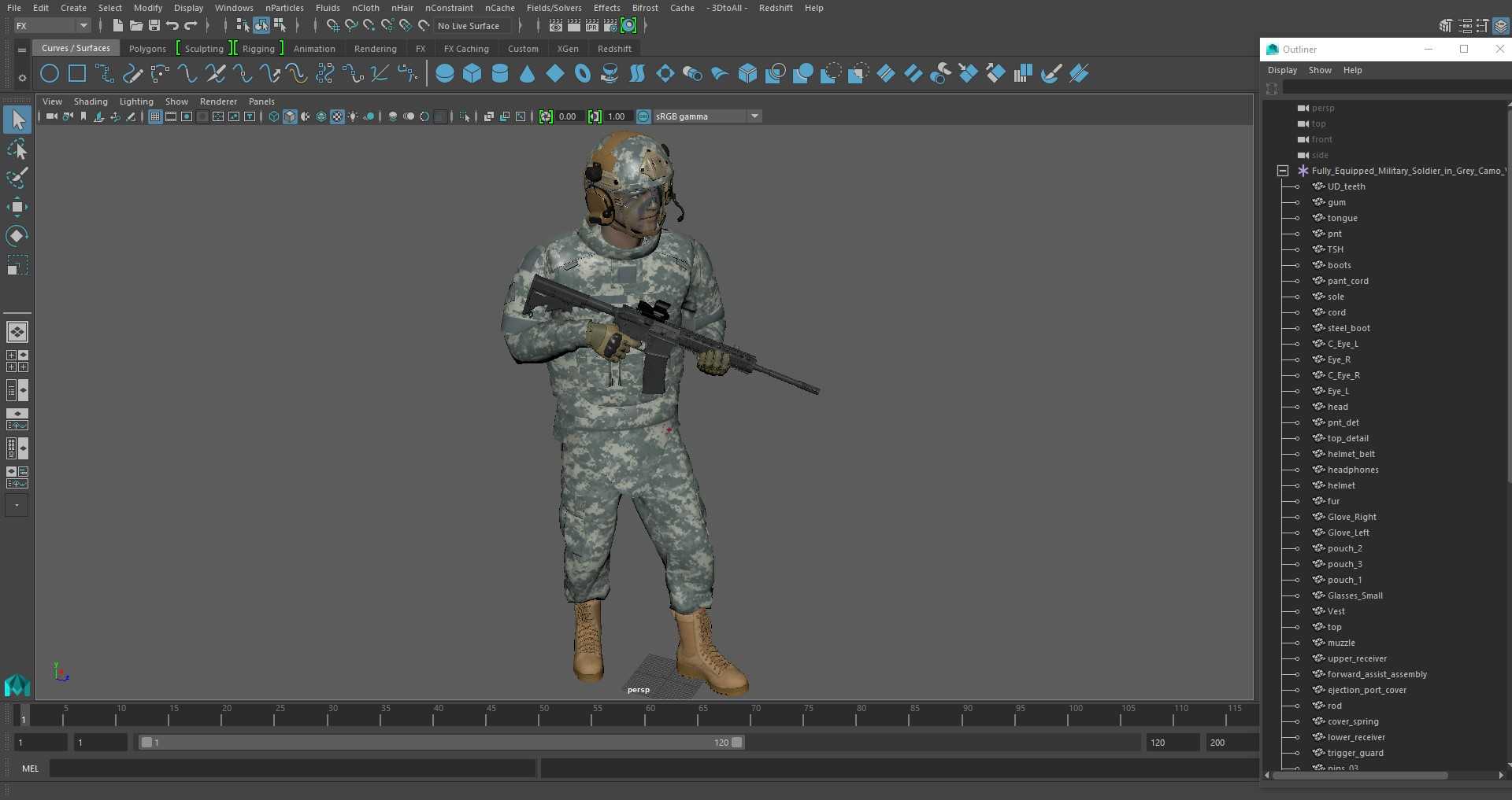 Fully Equipped Military Soldier in Grey Camo Walking 3D