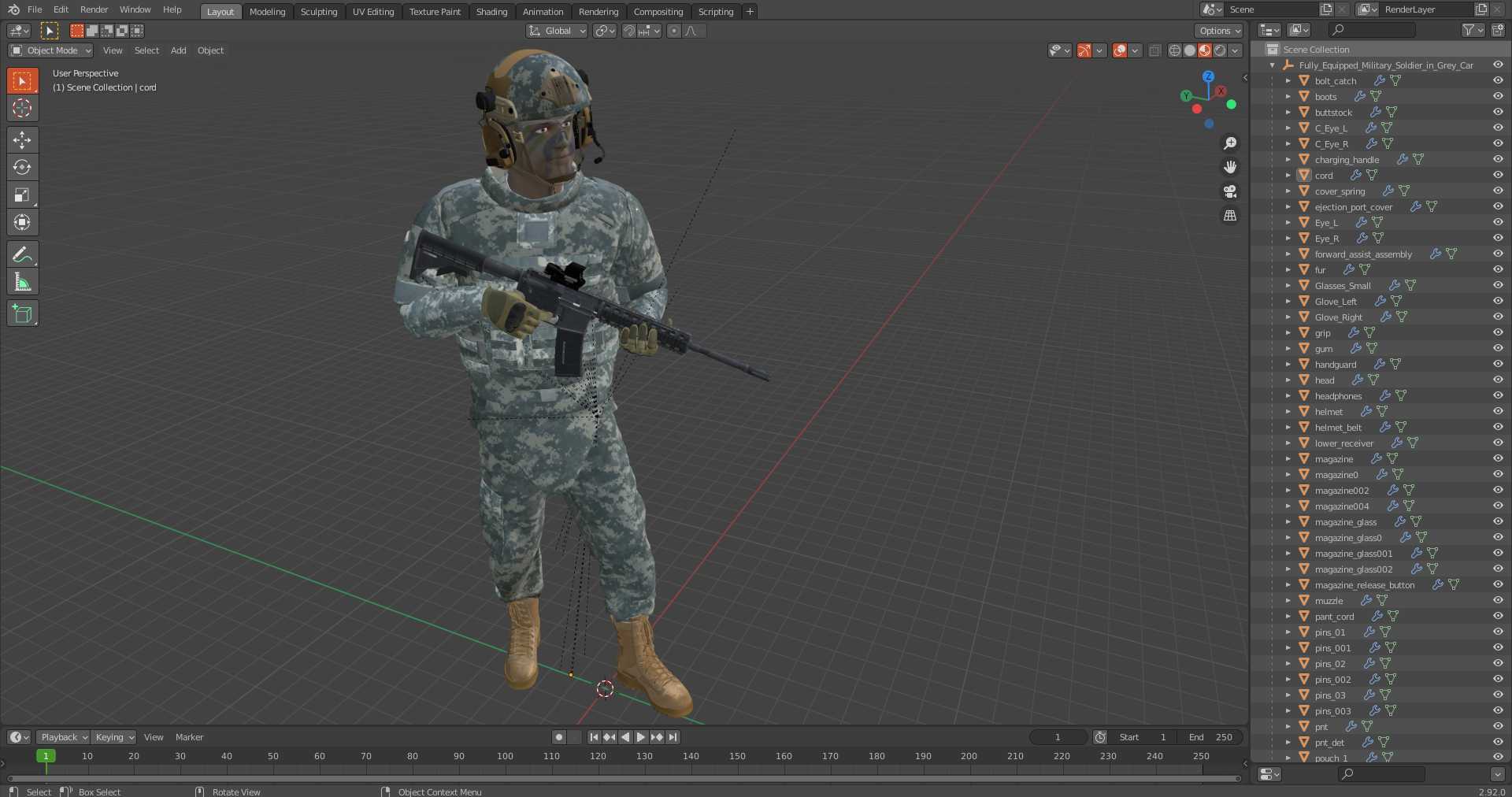 Fully Equipped Military Soldier in Grey Camo Walking 3D