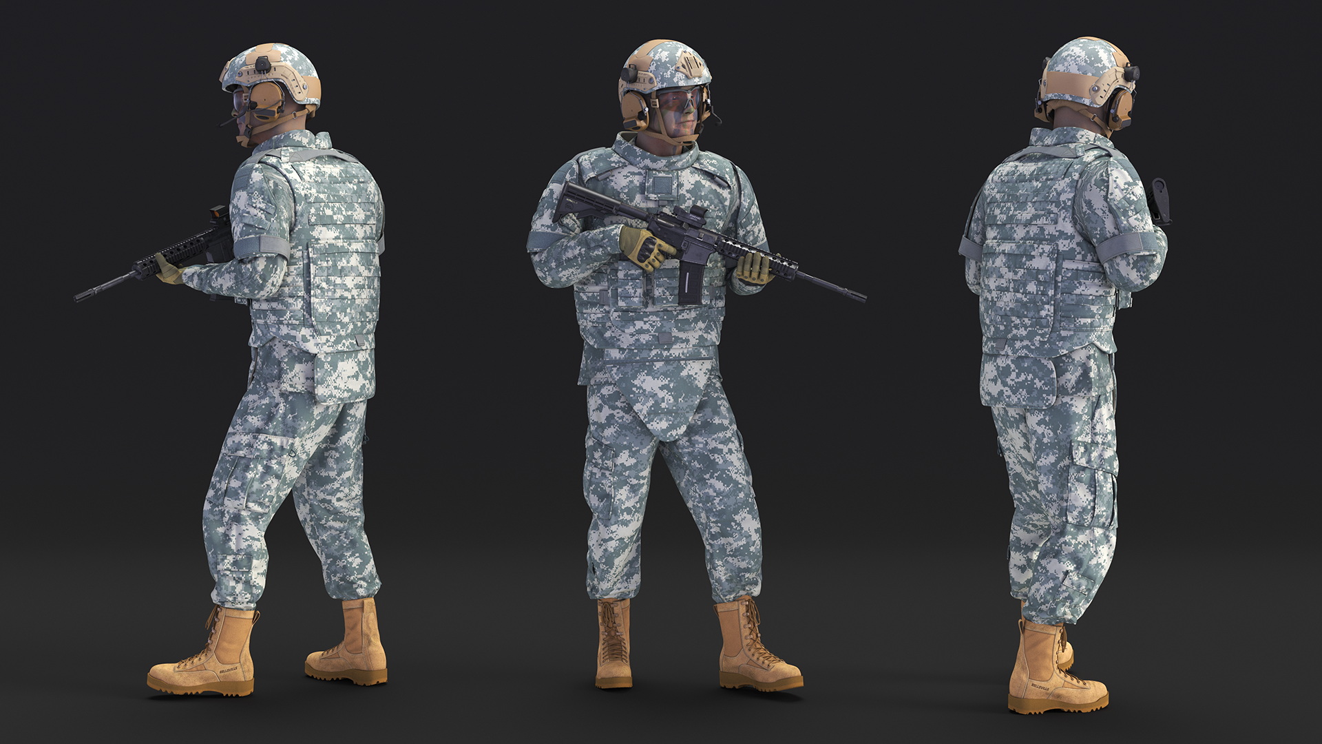 Fully Equipped Military Soldier in Grey Camo Walking 3D