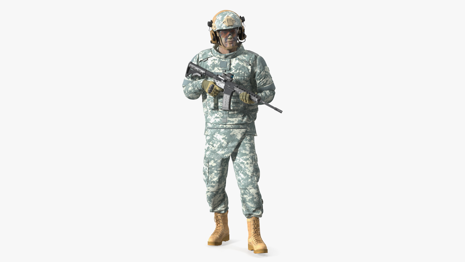 Fully Equipped Military Soldier in Grey Camo Walking 3D