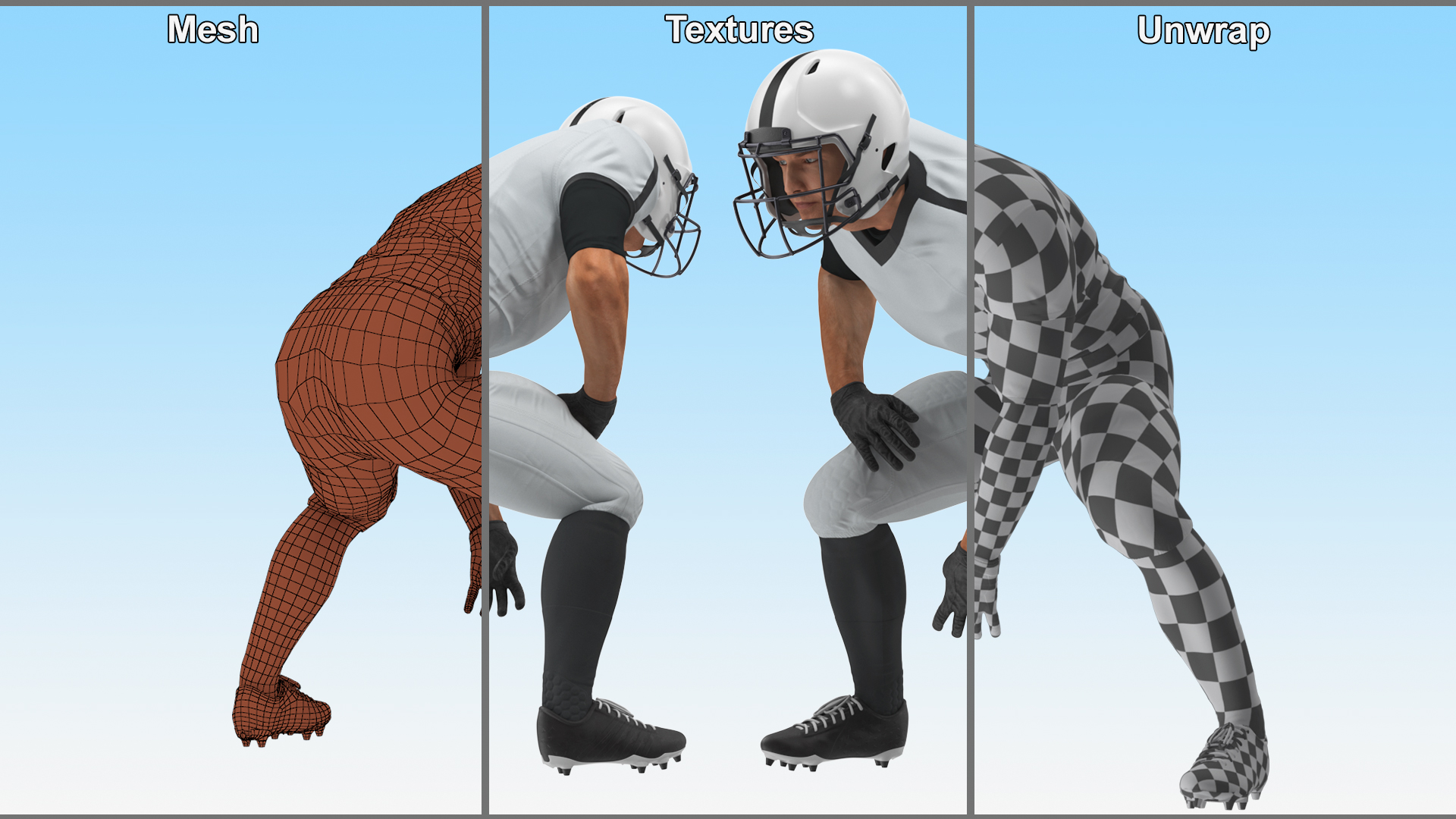 3D Crouching American Football Player White Uniform model