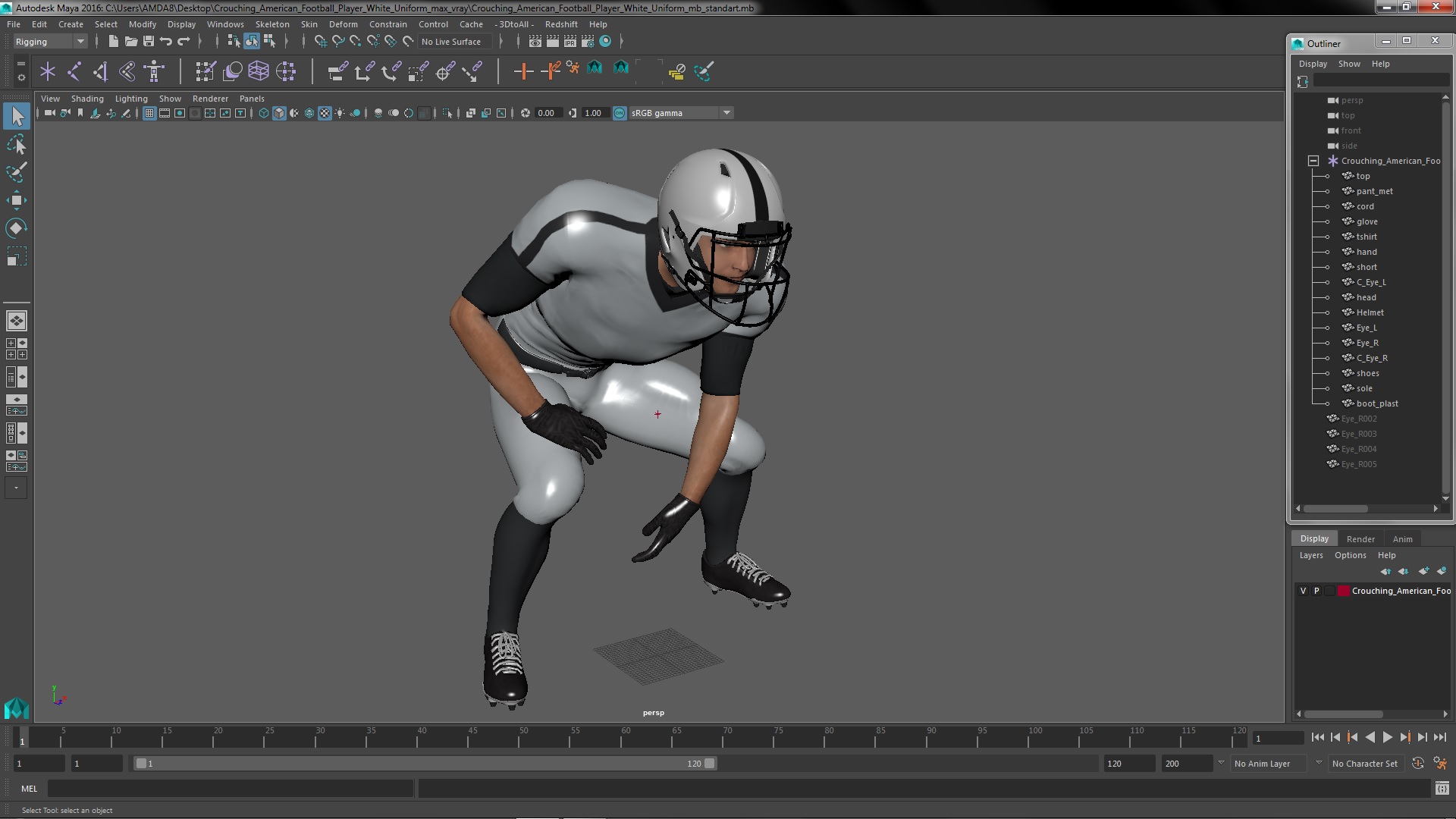 3D Crouching American Football Player White Uniform model