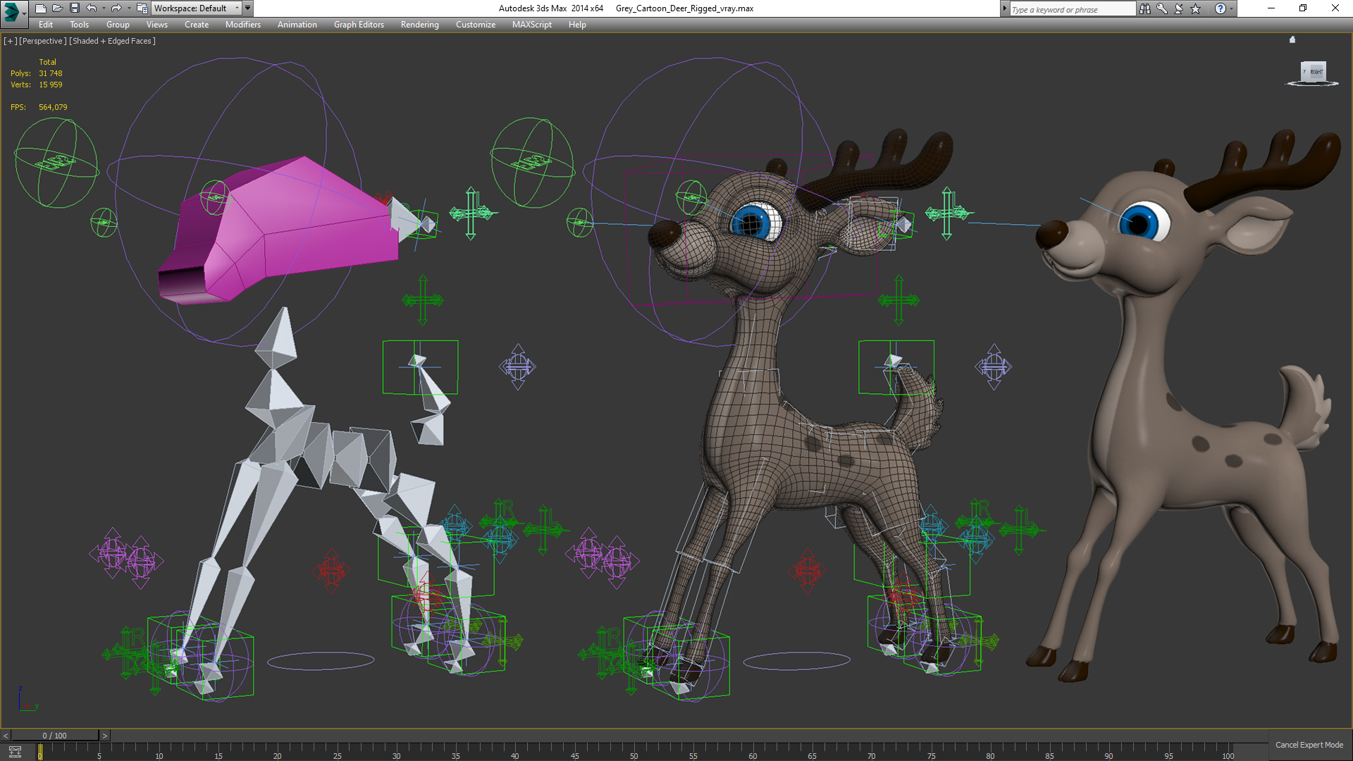 3D Grey Cartoon Deer Rigged for Maya model