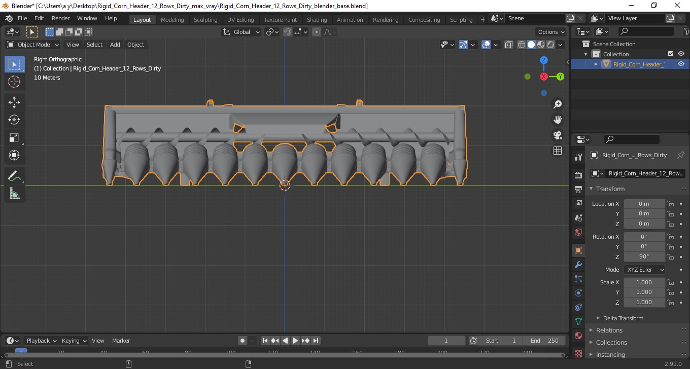 3D Rigid Corn Header 12 Rows Dirty