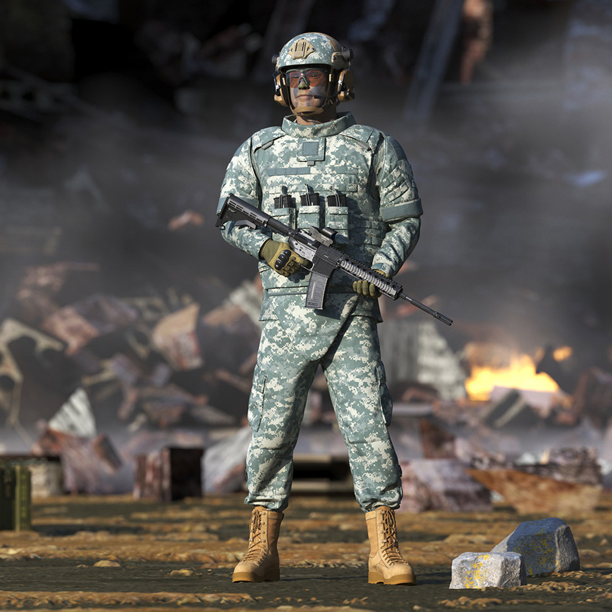 3D Soldier in Grey Tactical Gear Rigged