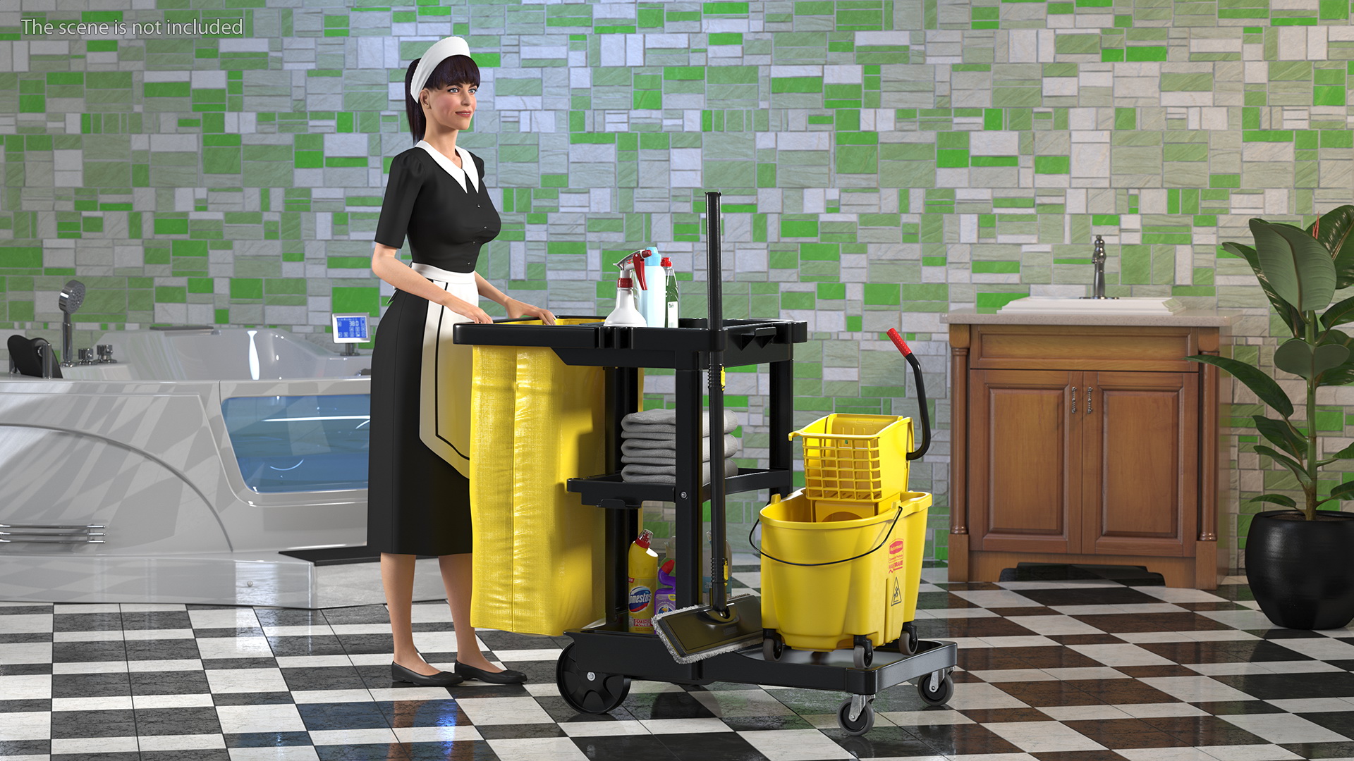 Housekeeping Maid With Multi Shelf Cleaning Cart Fur 3D