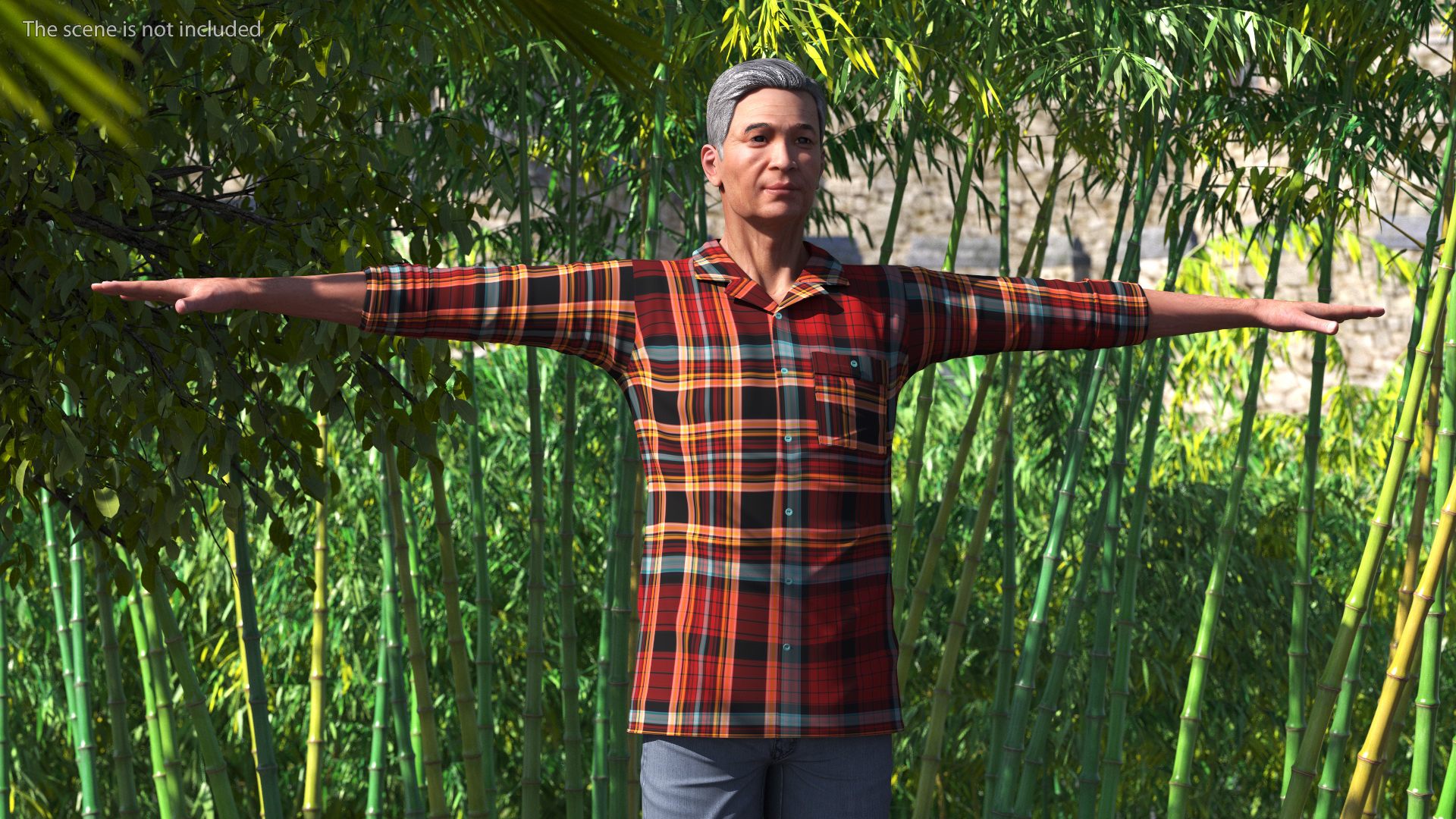 3D Asian Older Man Homewear with Rake T-Pose