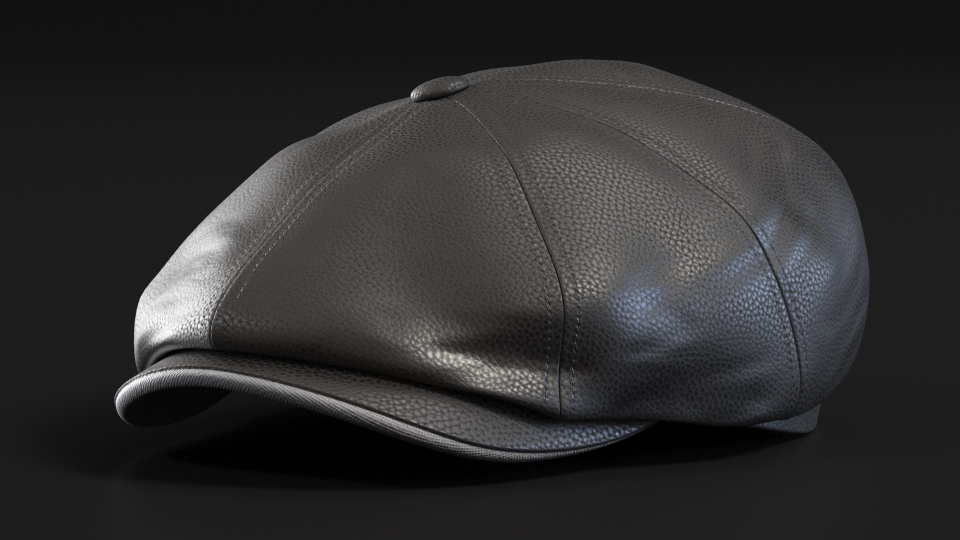 Leather Flat Cap Black 3D