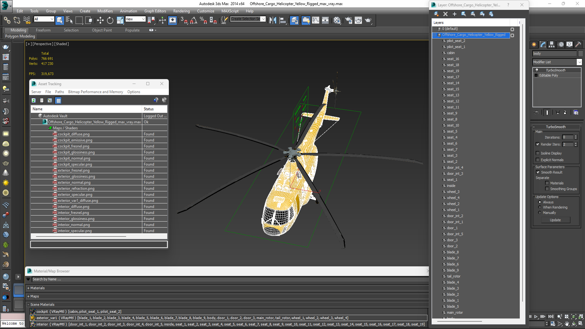 3D Offshore Cargo Helicopter Yellow Rigged for Cinema 4D model