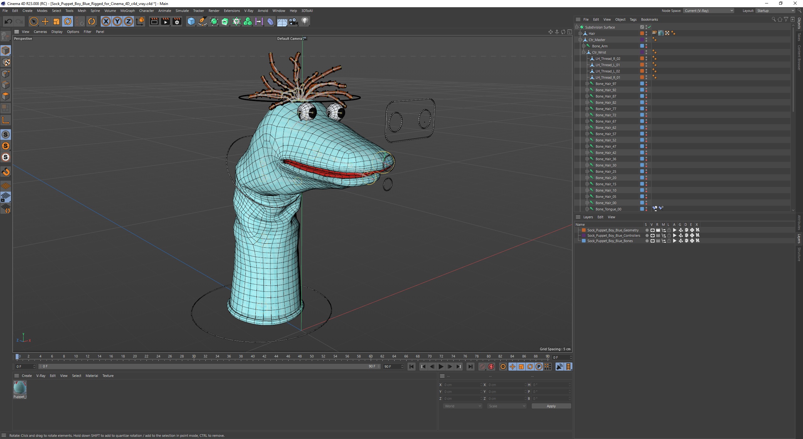 3D Sock Puppet Boy Blue Rigged for Cinema 4D