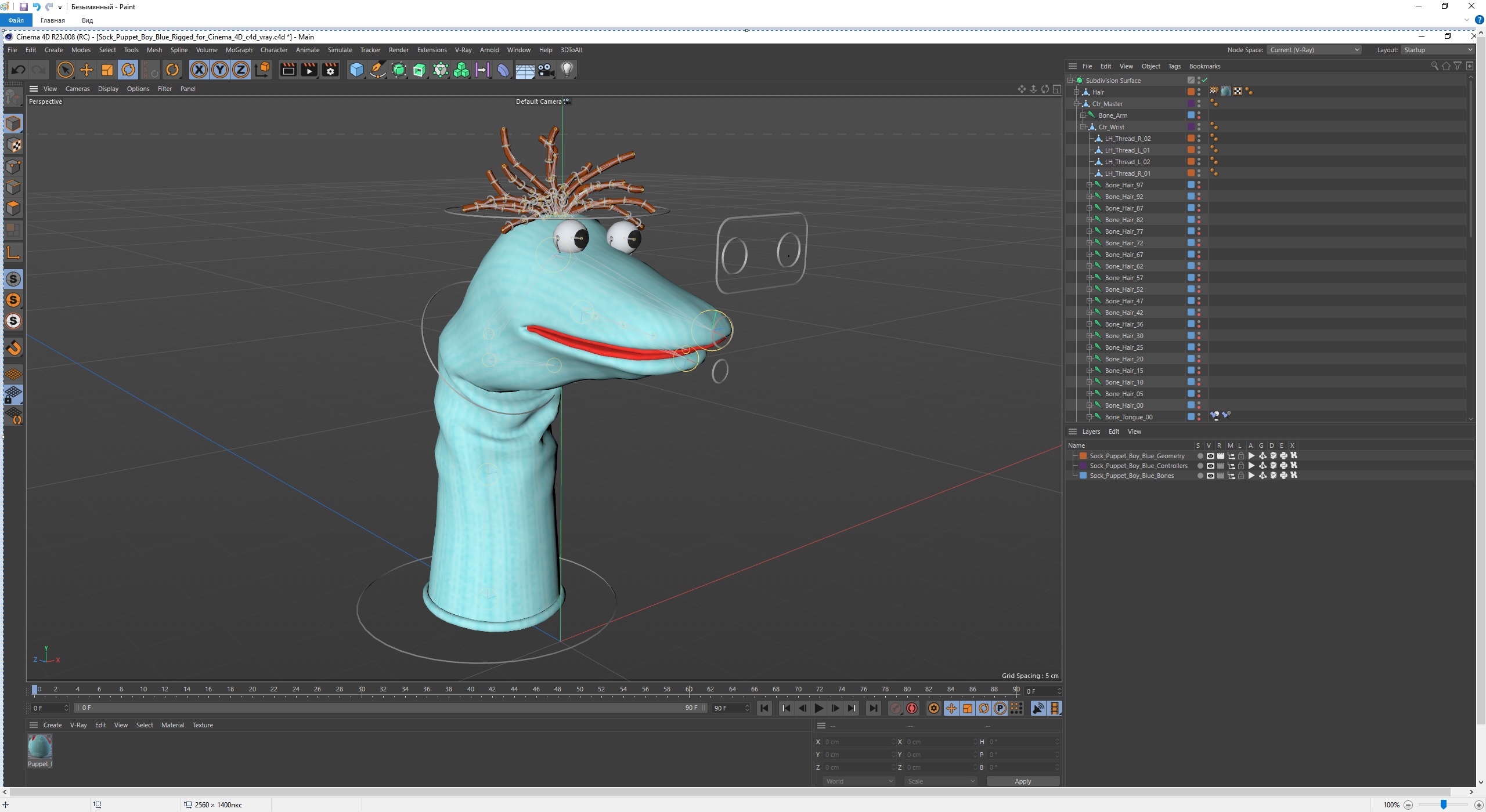 3D Sock Puppet Boy Blue Rigged for Cinema 4D