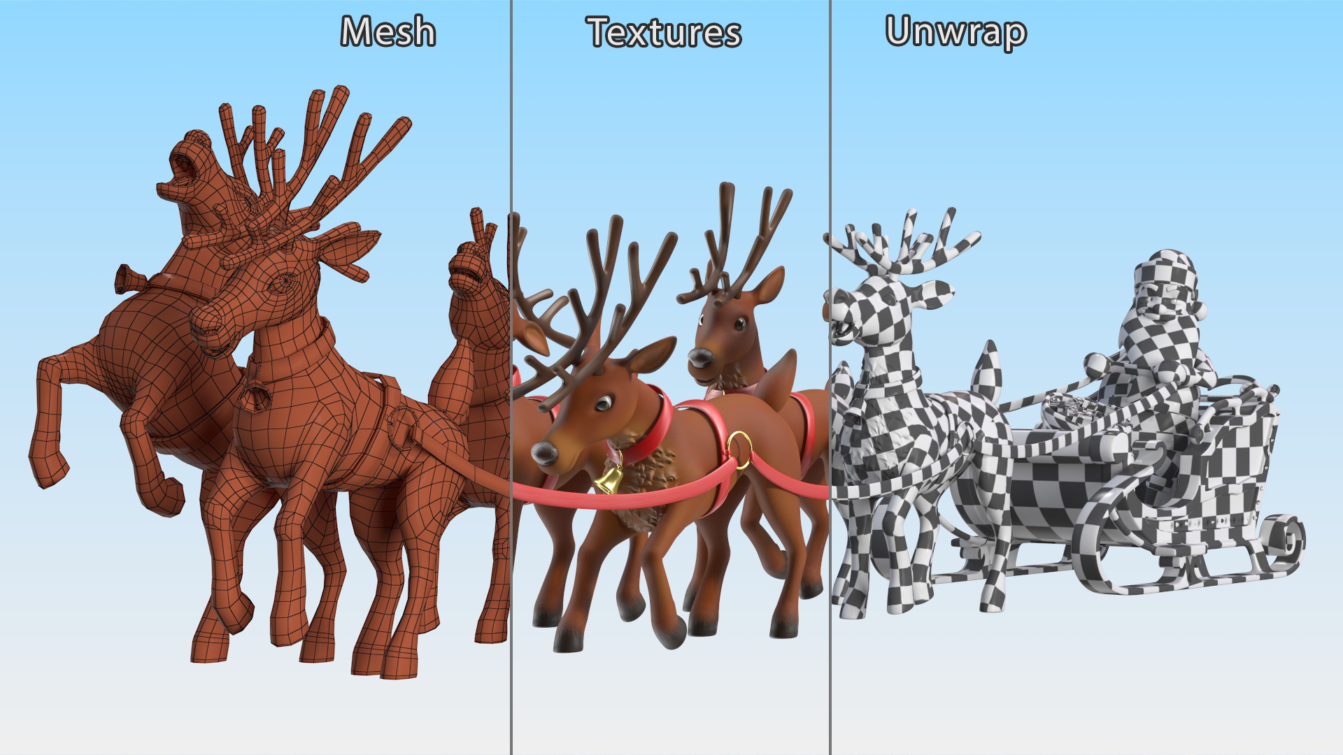 Santa Claus Deer Sleigh Standing 3D