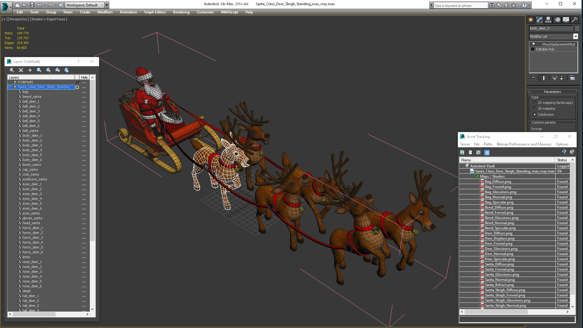 Santa Claus Deer Sleigh Standing 3D