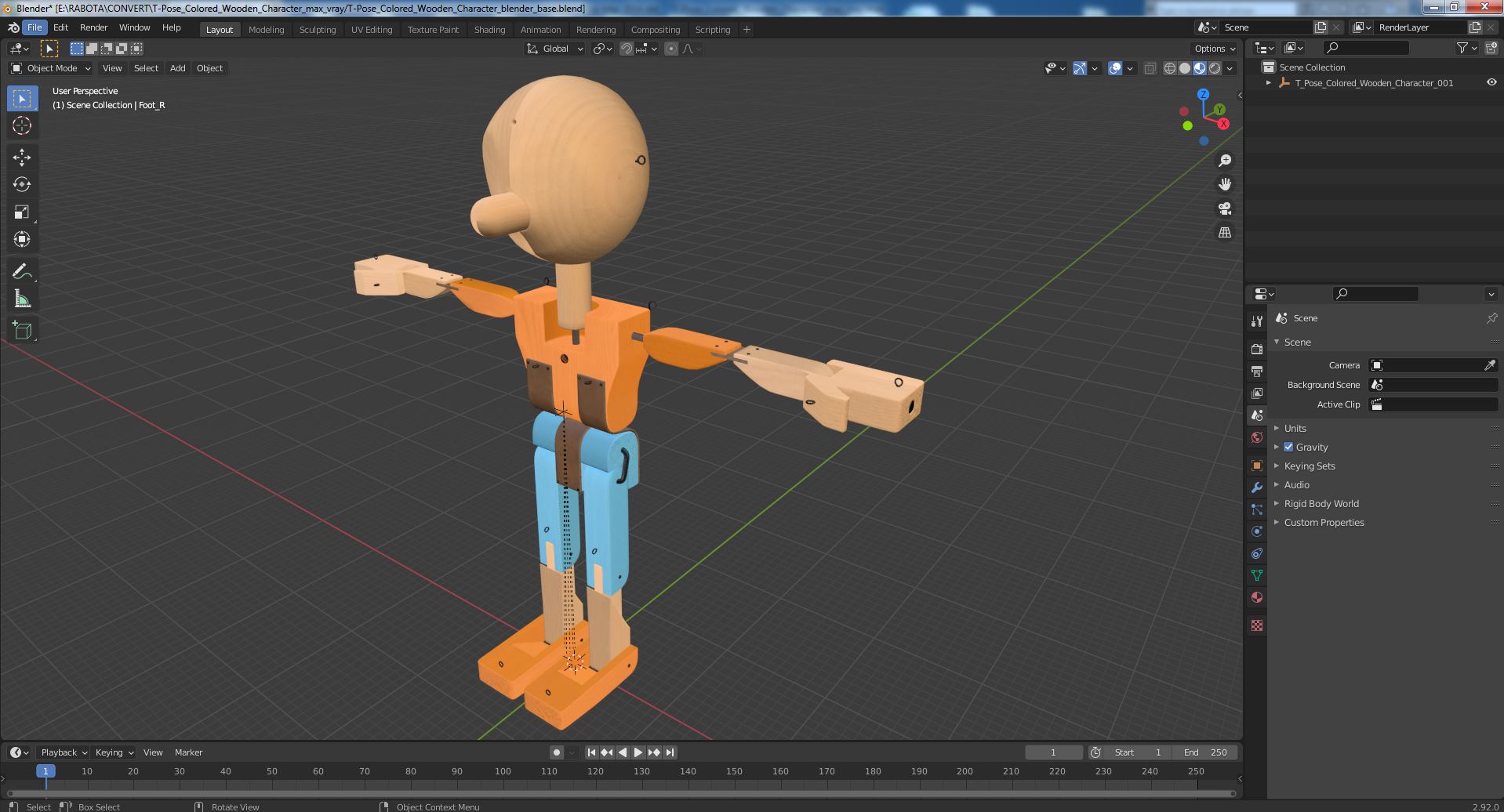 3D T-Pose Colored Wooden Character