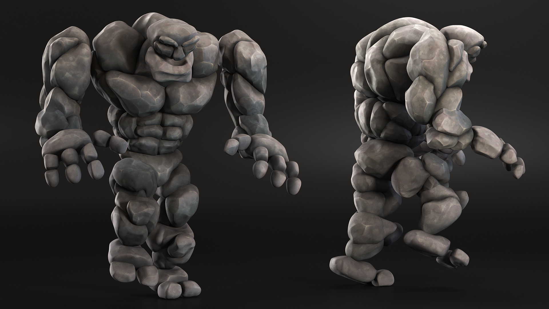 Stone Golem Cartoon Character Gray Walking Pose 3D