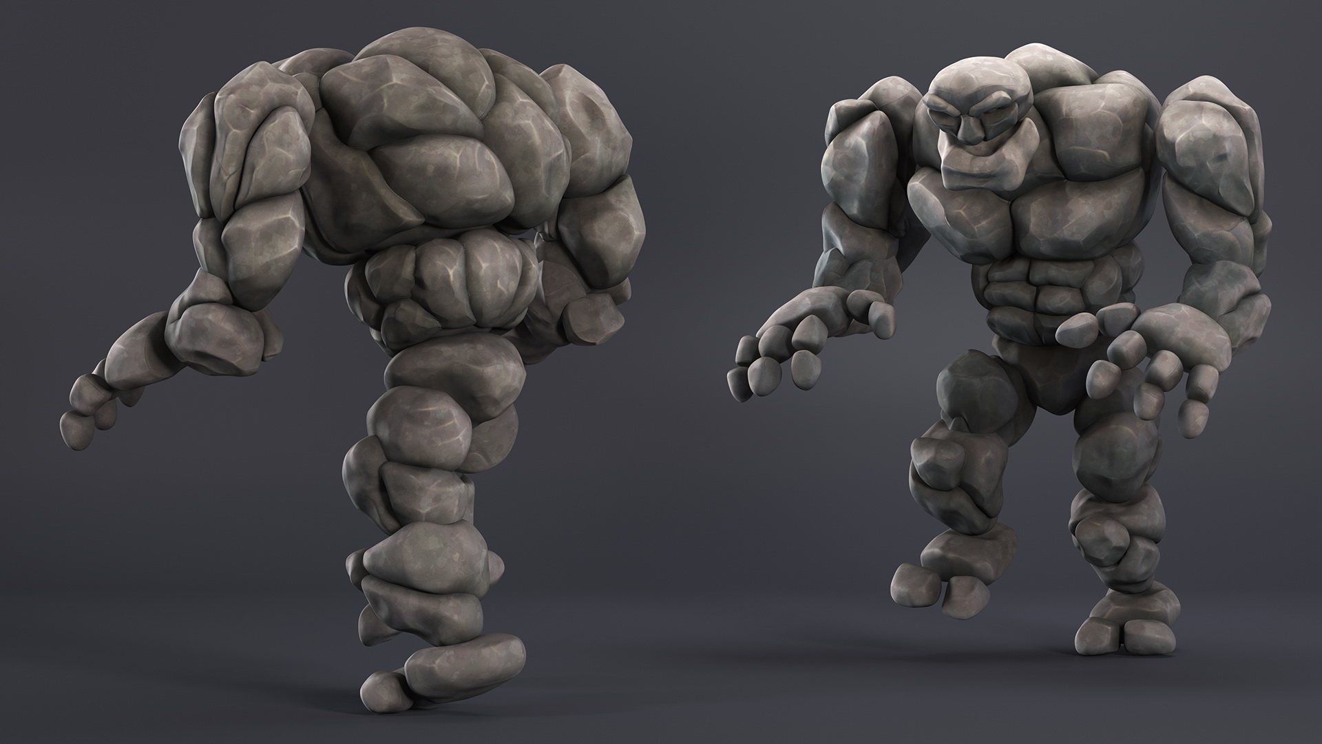 Stone Golem Cartoon Character Gray Walking Pose 3D