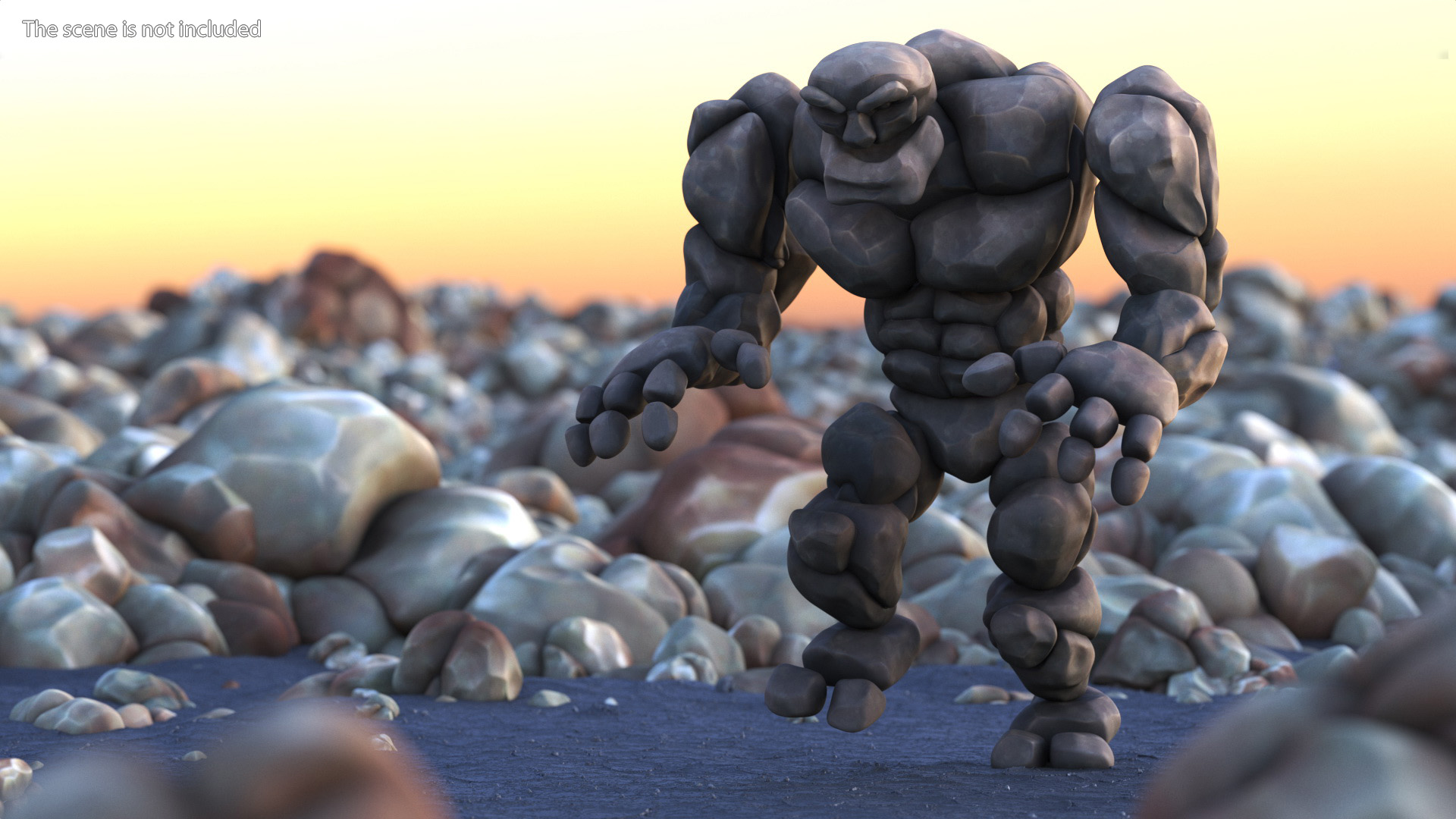 Stone Golem Cartoon Character Gray Walking Pose 3D